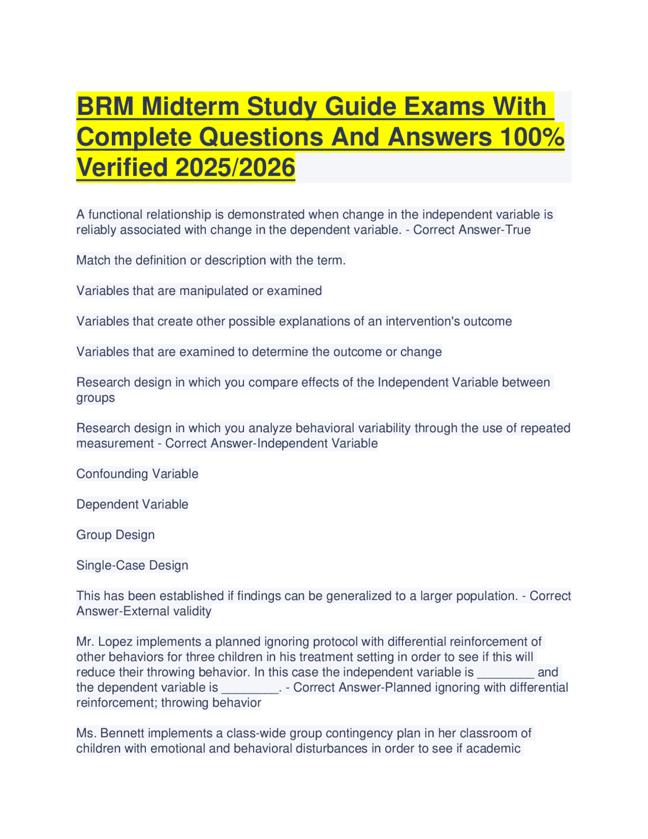 BRM Midterm Exam Study Guide: Questions and Answers 2025/2026 | Exams ...