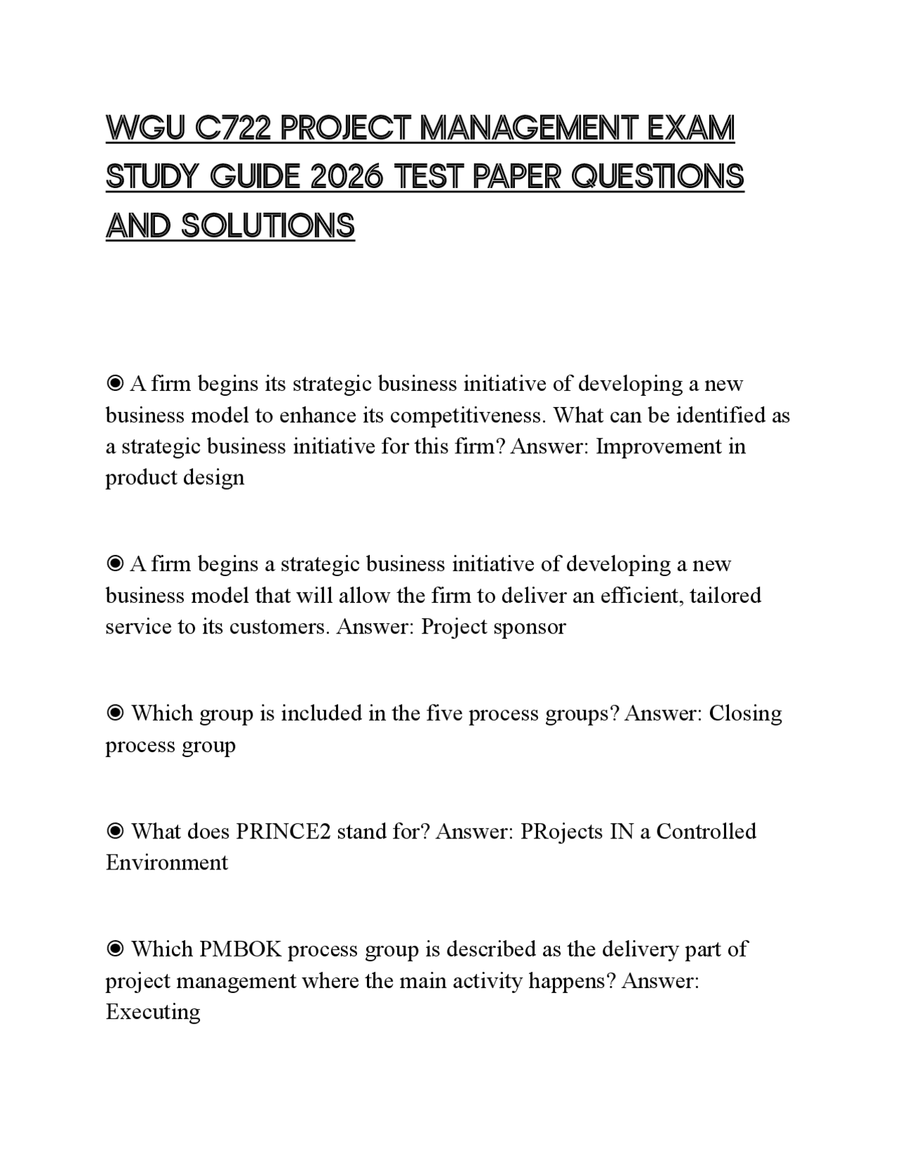 WGU C722 PROJECT MANAGEMENT EXAM STUDY GUIDE 2026 TEST PAPER QUESTIONS ...