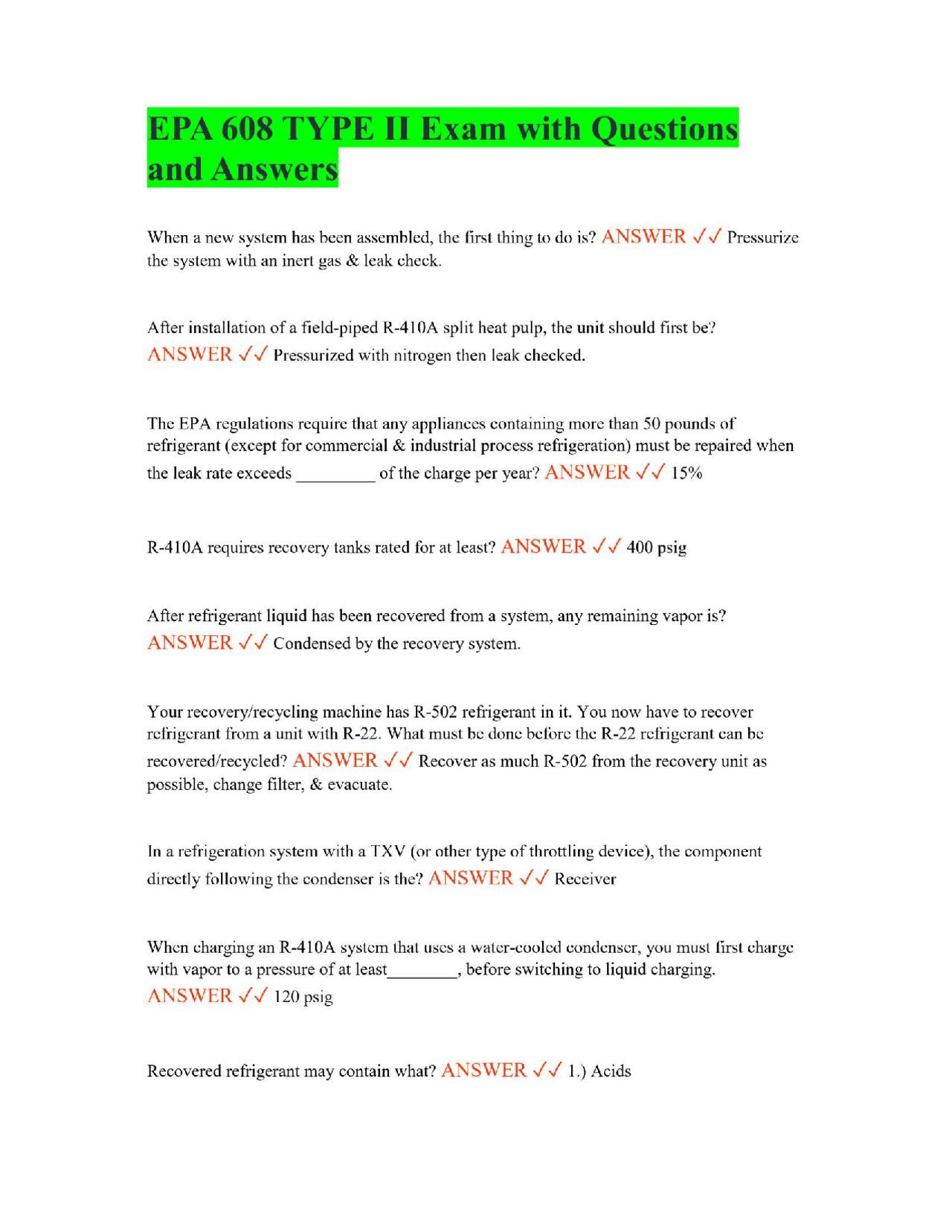 EPA 608 TYPE II Exam with Questions and Answers | Exams Thermodynamics ...