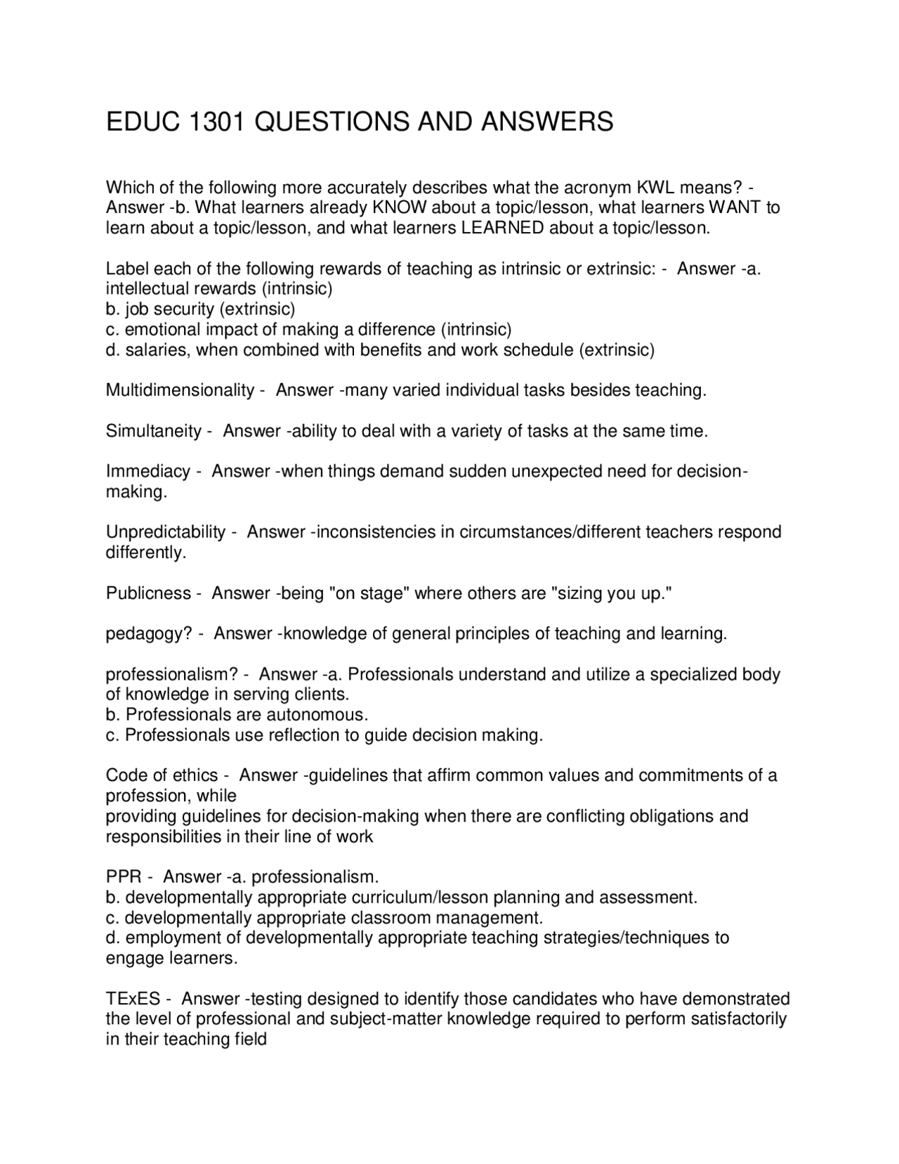 EDUC 1301 QUESTIONS AND ANSWERS | Exams Social Sciences | Docsity