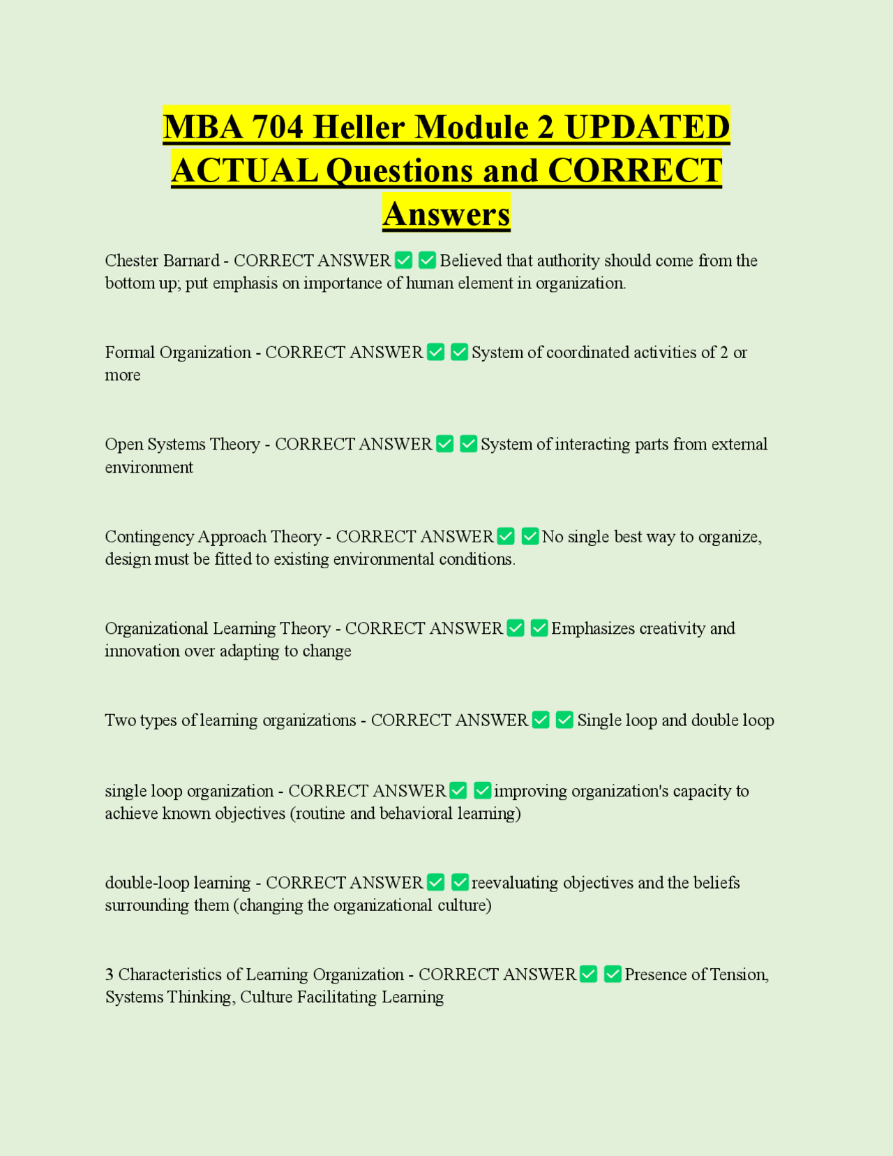 MBA 704 Heller Module 2 UPDATED ACTUAL Questions and CORRECT Answers |  Exams Medicine | Docsity