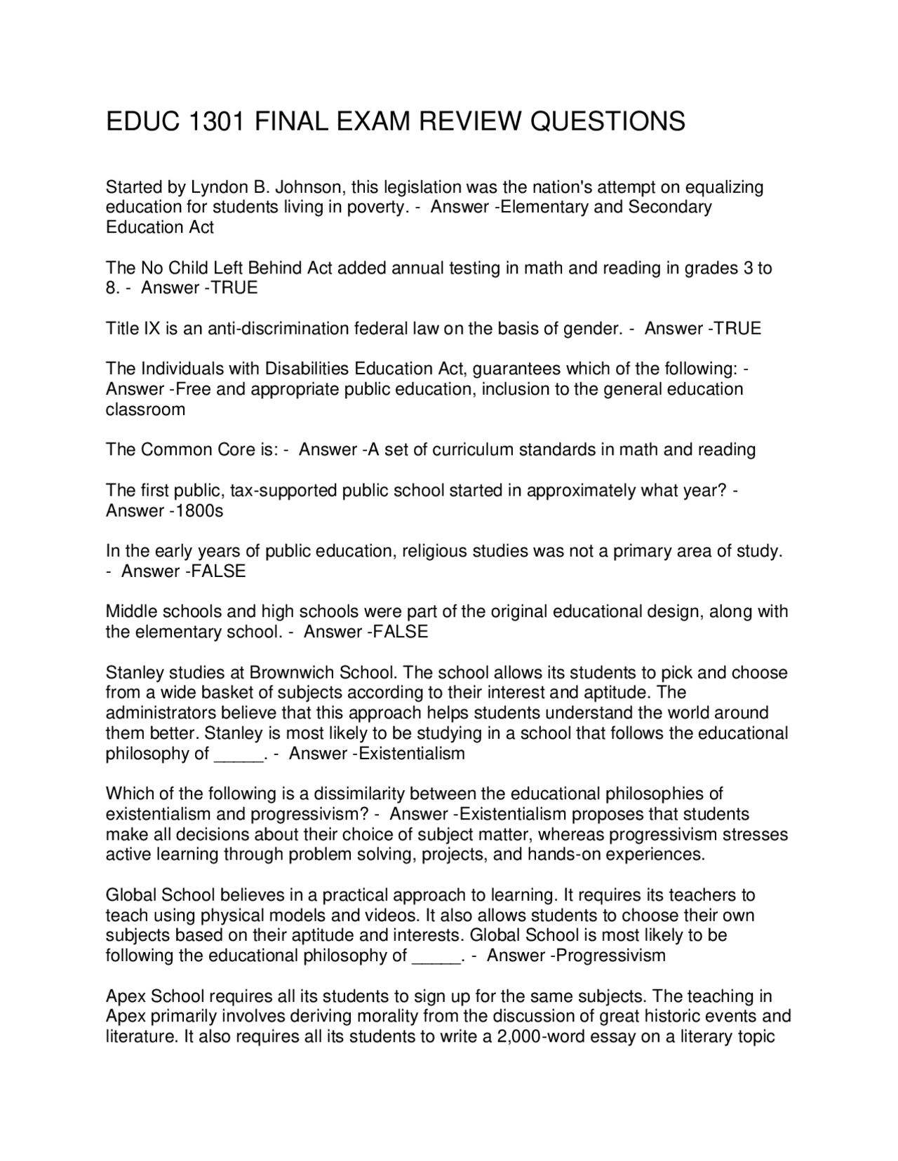 EDUC 1301 FINAL EXAM REVIEW QUESTIONS | Exams Social Sciences | Docsity