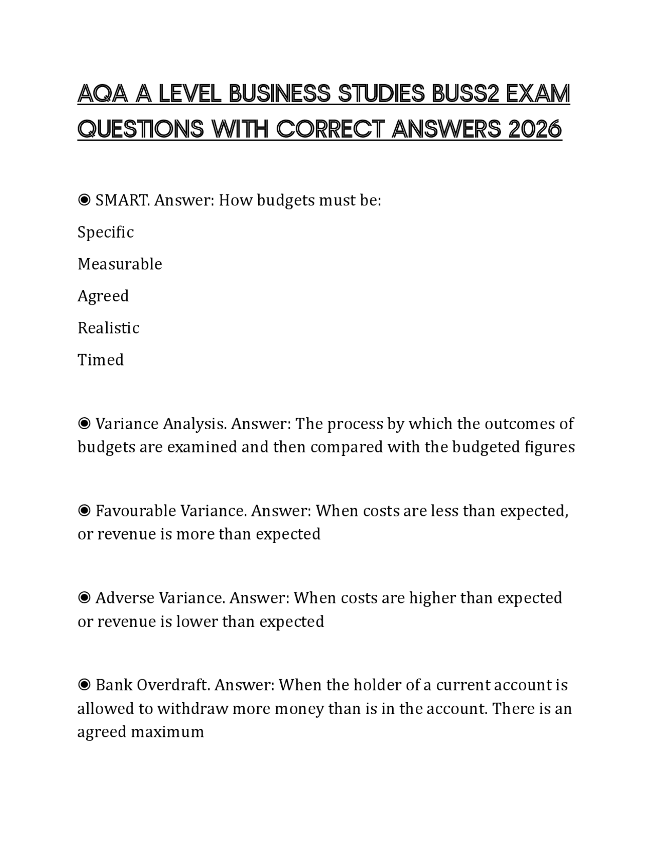 AQA A LEVEL BUSINESS STUDIES BUSS2 EXAM QUESTIONS WITH CORRECT ANSWERS ...