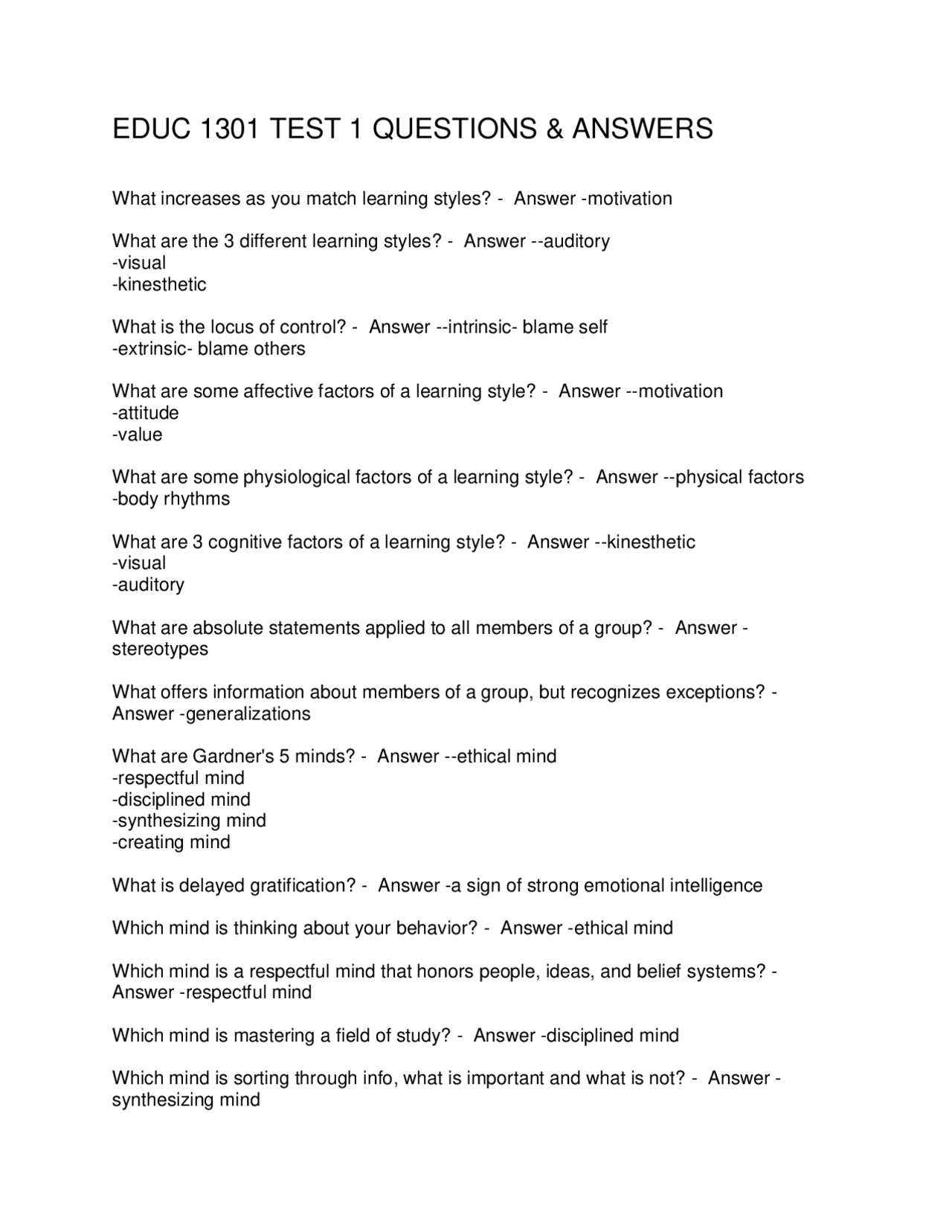 EDUC 1301 TEST 1 QUESTIONS & ANSWERS | Exams Social Sciences | Docsity