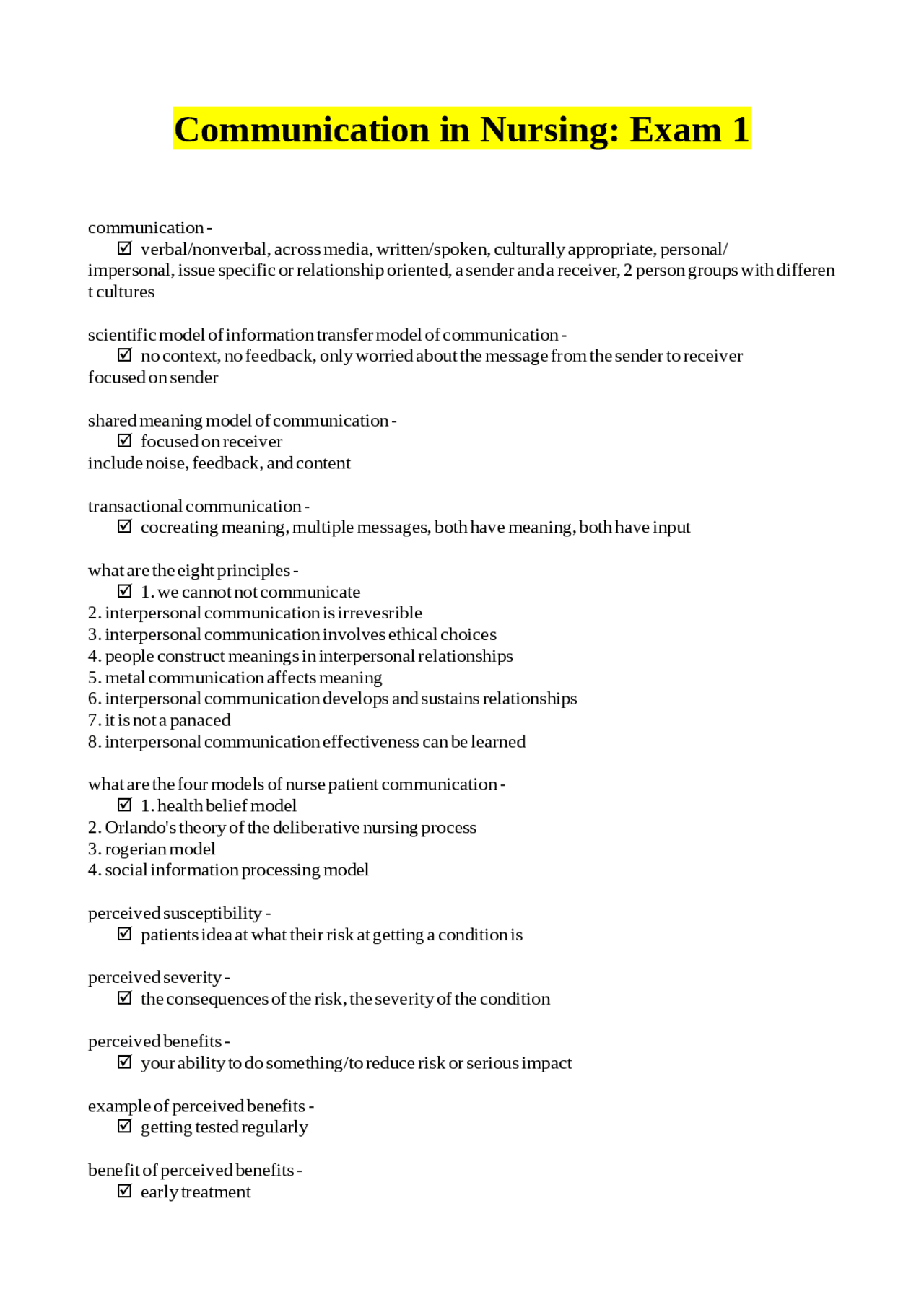 Communication in Nursing: Exam 1 Study Guide | Exams Nursing | Docsity