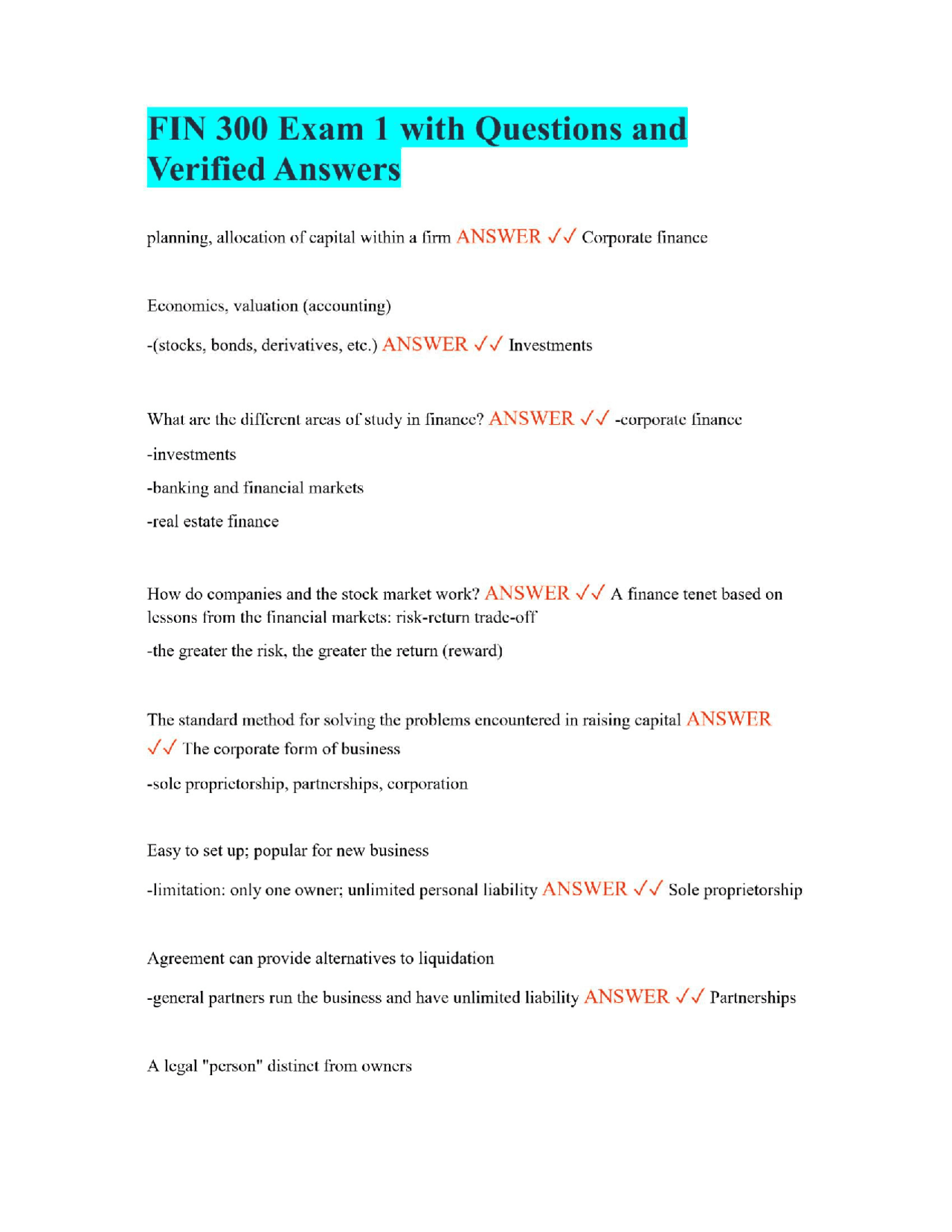 FIN 300 Exam 1 with Questions and Verified Answers | Exams Finance ...