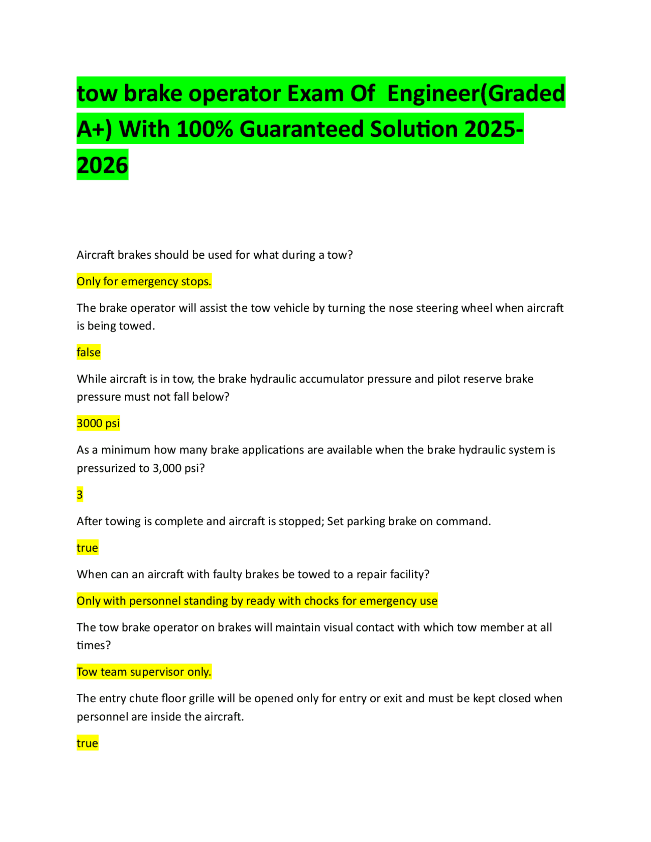 tow brake operator Exam Of Engineer(Graded A+) With 100% Guaranteed ...
