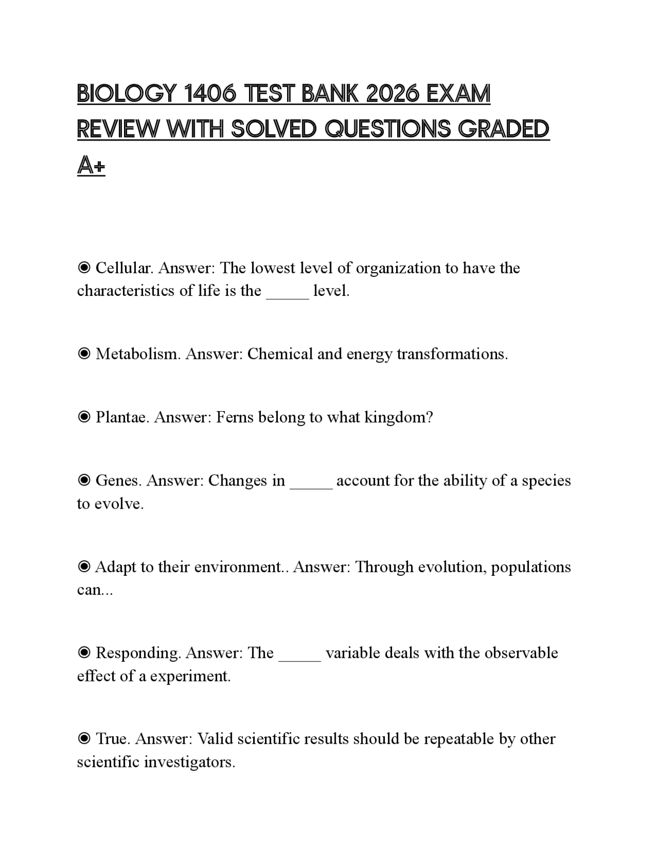BIOLOGY 1406 TEST BANK 2026 EXAM REVIEW WITH SOLVED QUESTIONS GRADED A+ ...