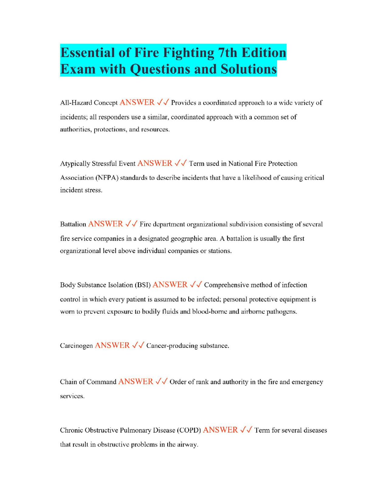 Essential of Fire Fighting 7th Edition Exam with Questions and ...