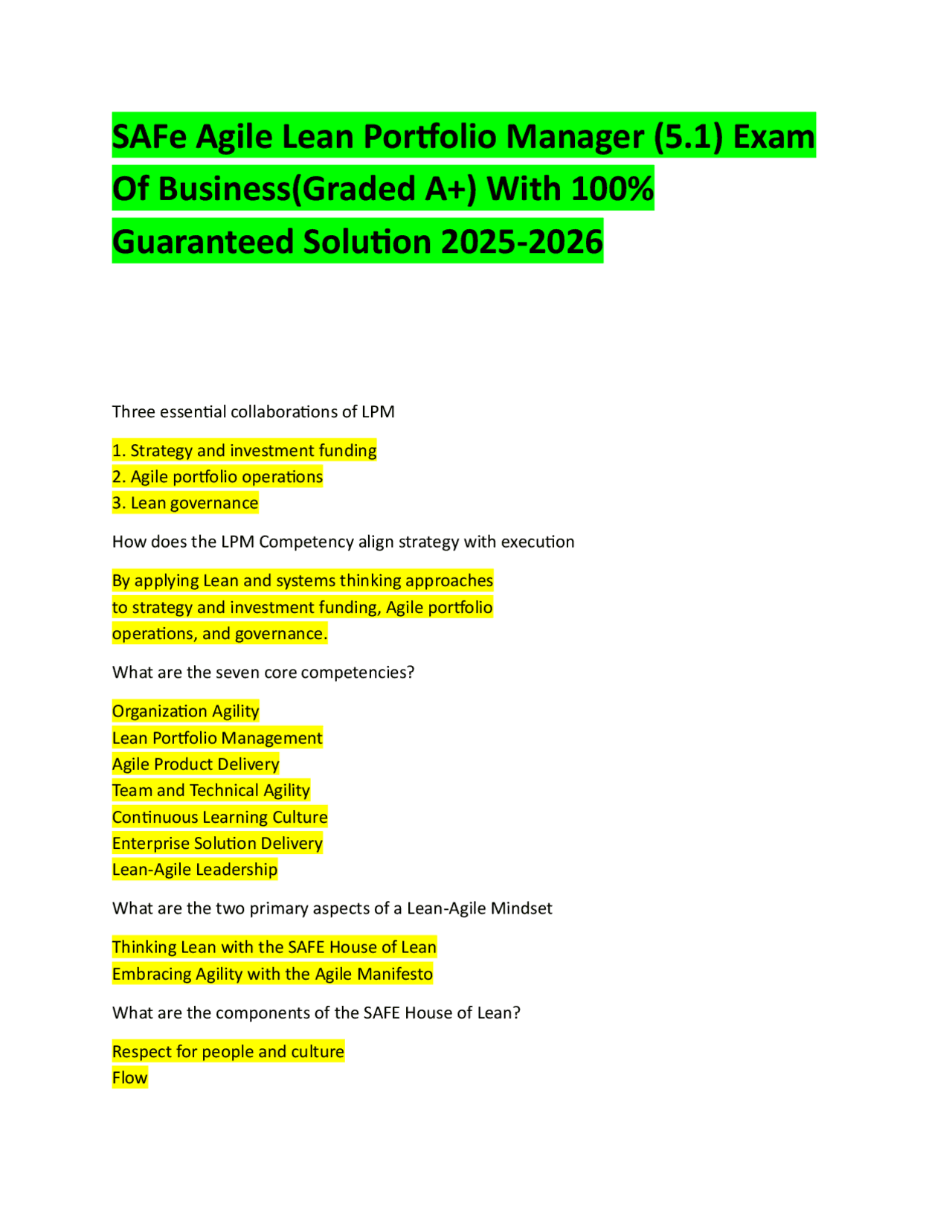 SAFe Agile Lean Portfolio Manager (5.1) Exam Of Business(Graded A+ ...