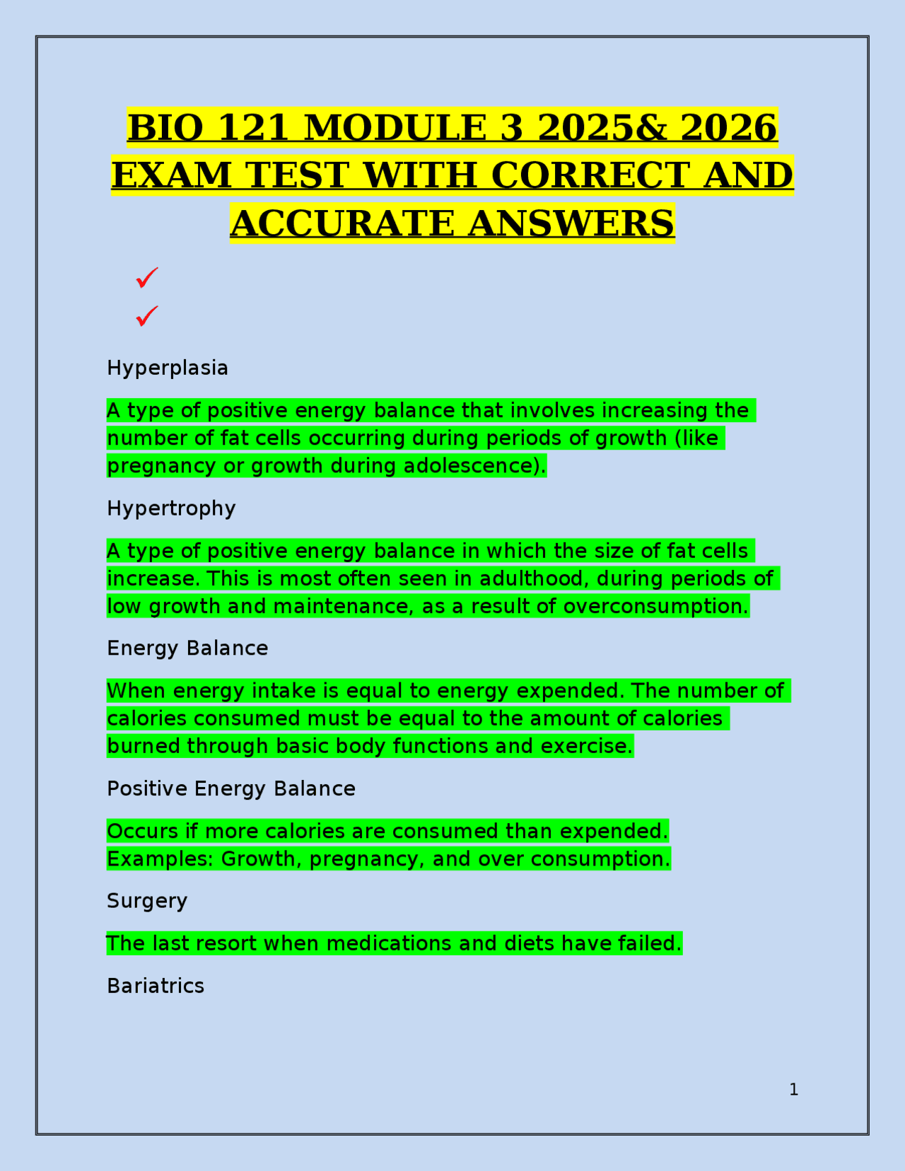 BIO 121 Module 3 Exam Test: Energy Balance and Obesity | Exams Biology ...