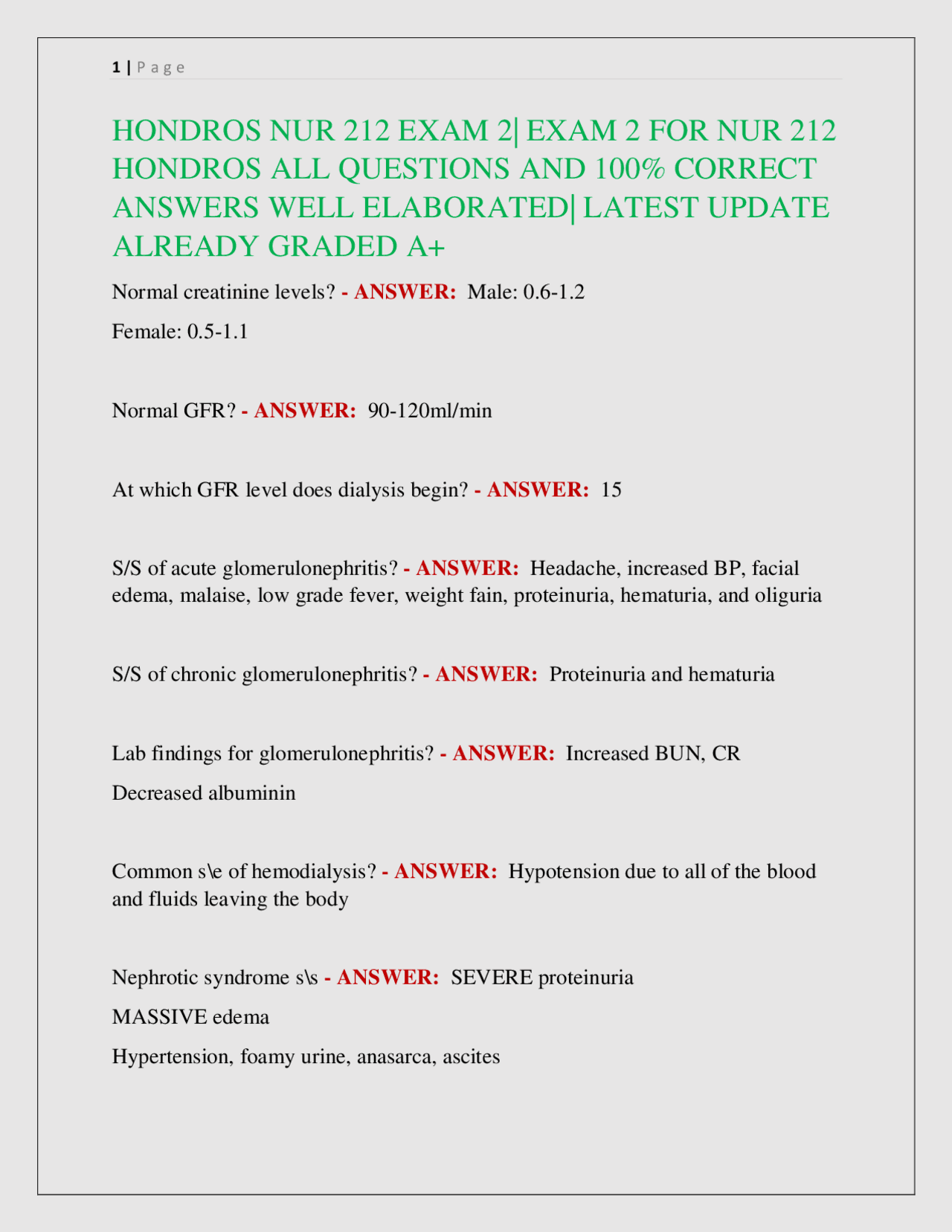 HONDROS NUR 212 EXAM 2| EXAM 2 FOR NUR 212 HONDROS ALL QUESTIONS AND ...