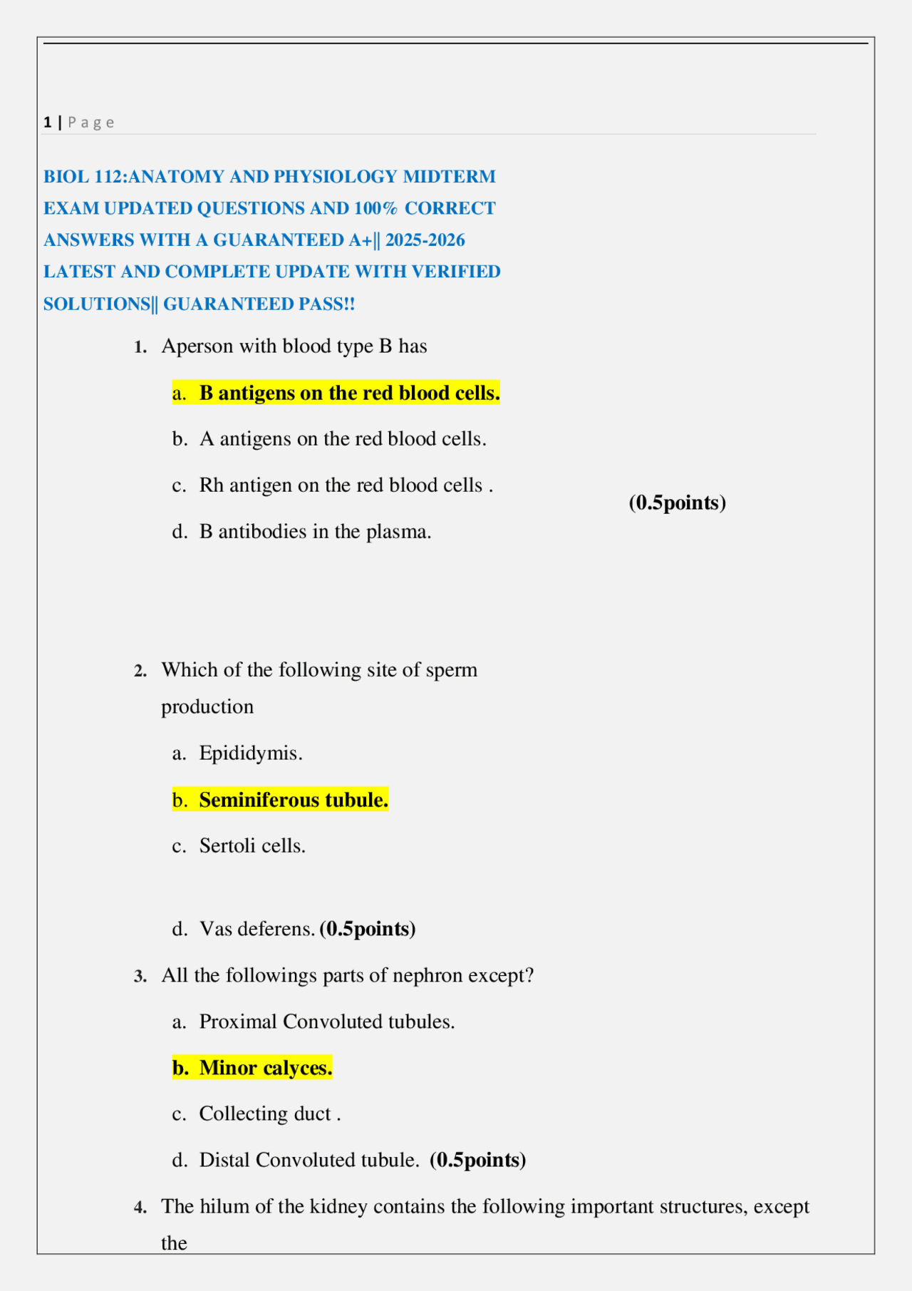 BIOL 112:ANATOMY AND PHYSIOLOGY MIDTERM EXAM UPDATED QUESTIONS AND 100% ...