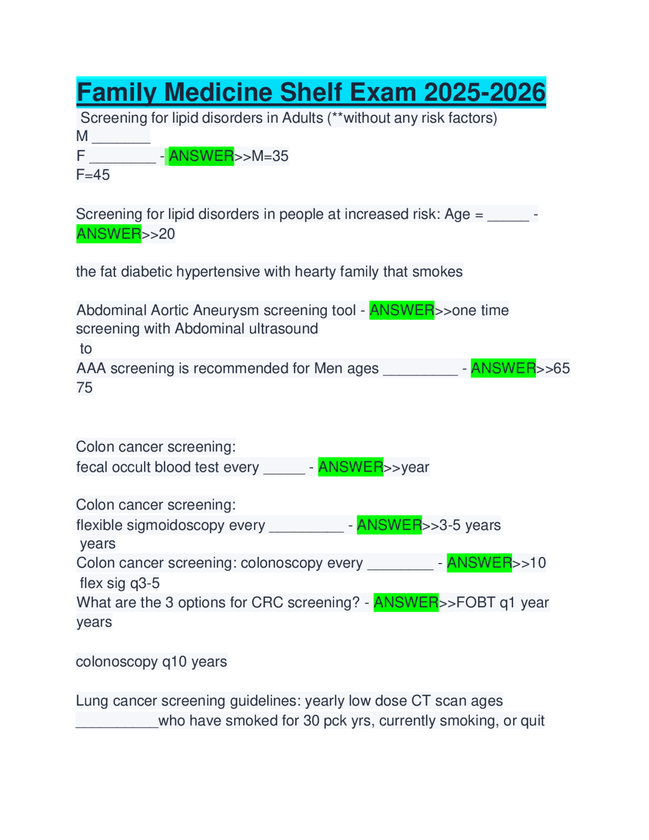 Family Medicine Shelf Exam Review: Screening Guidelines and Key ...