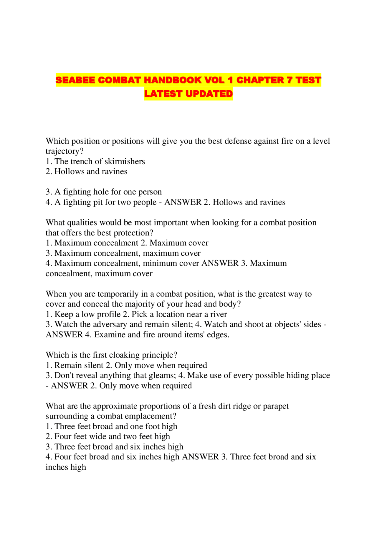 Seabee Combat Handbook Vol 1 Chapter 7 Test: Questions and Answers | Exams Military Strategy and ...