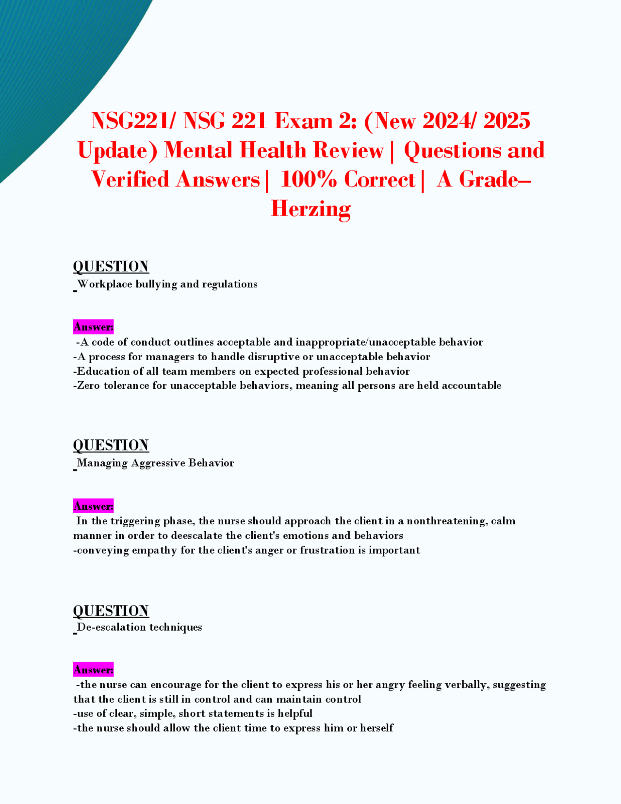 NSG 221 Exam 2 Mental Health Review – Verified Q&A (Herzing 2025 ...