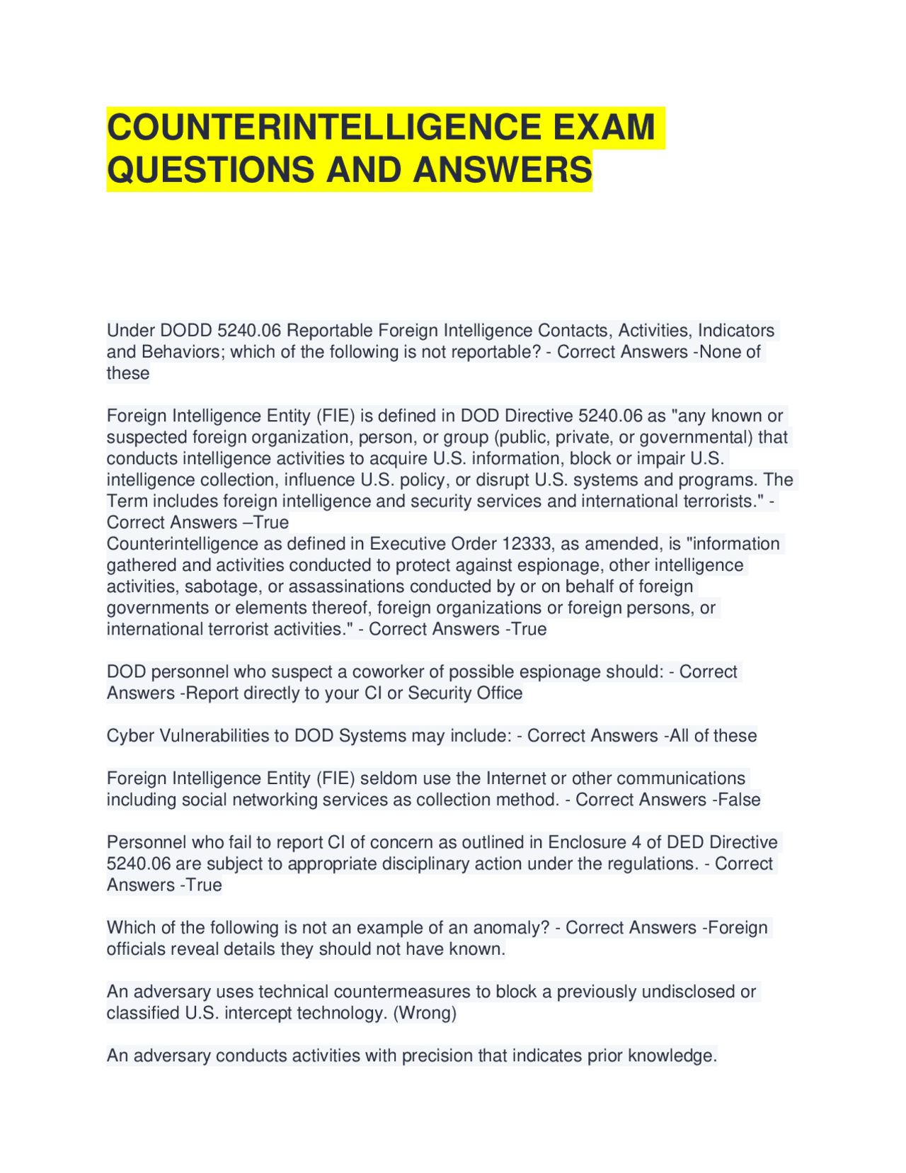 Counterintelligence Polygraph Questions Counterintelligence Exam Questions and Answers | Exams Advanced ...