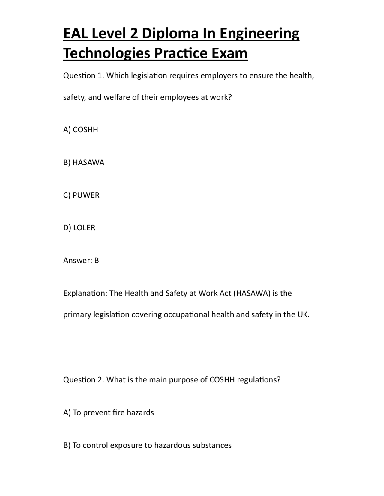 EAL Level 2 Diploma In Engineering Technologies Practice Exam | Exams ...