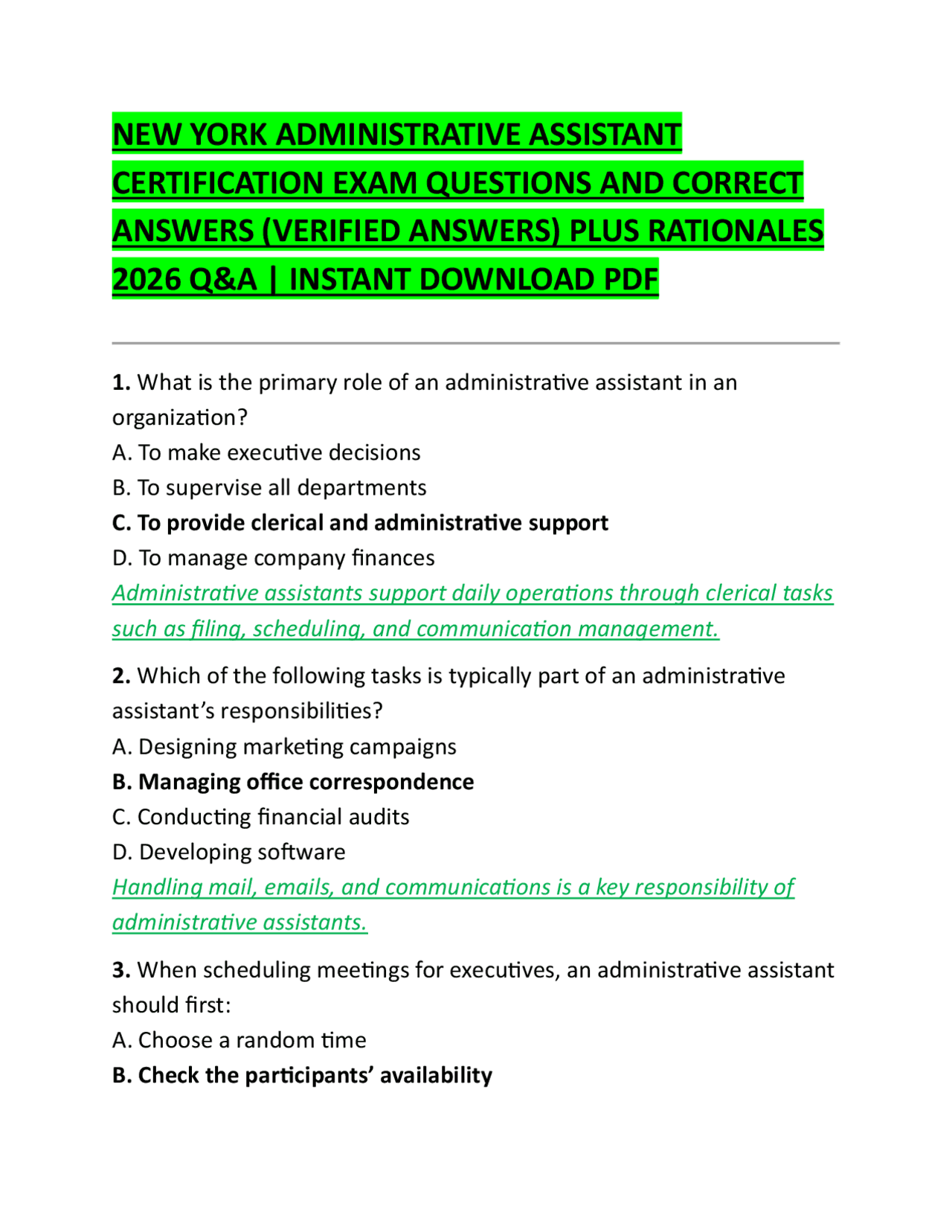 Administrative Assistant Certification Exam: Q&A and Rationales | Exams ...