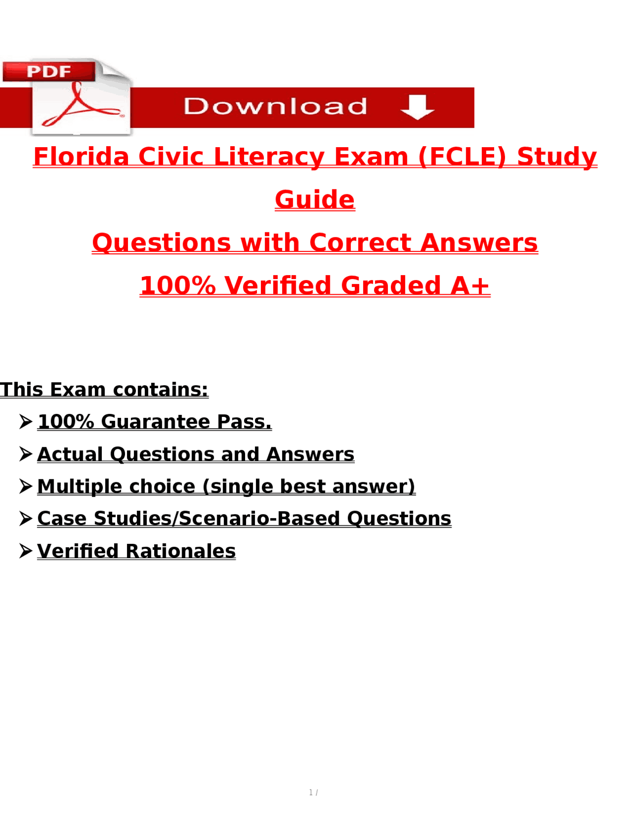 Florida Civic Literacy Exam (FCLE) 2025/2026 - Study Guide & Verified ...