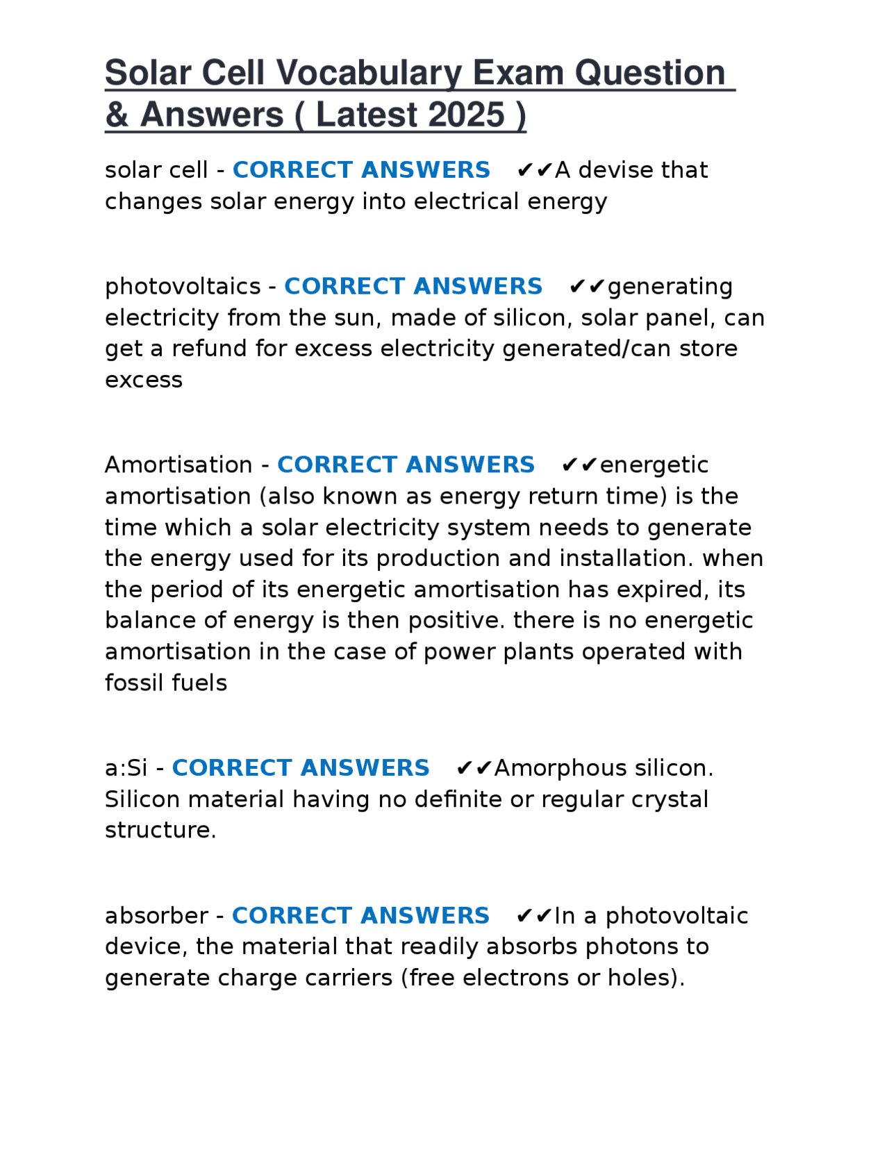 Solar Cell Vocabulary Exam Question & Answers ( Latest 2025 ) | Exams ...