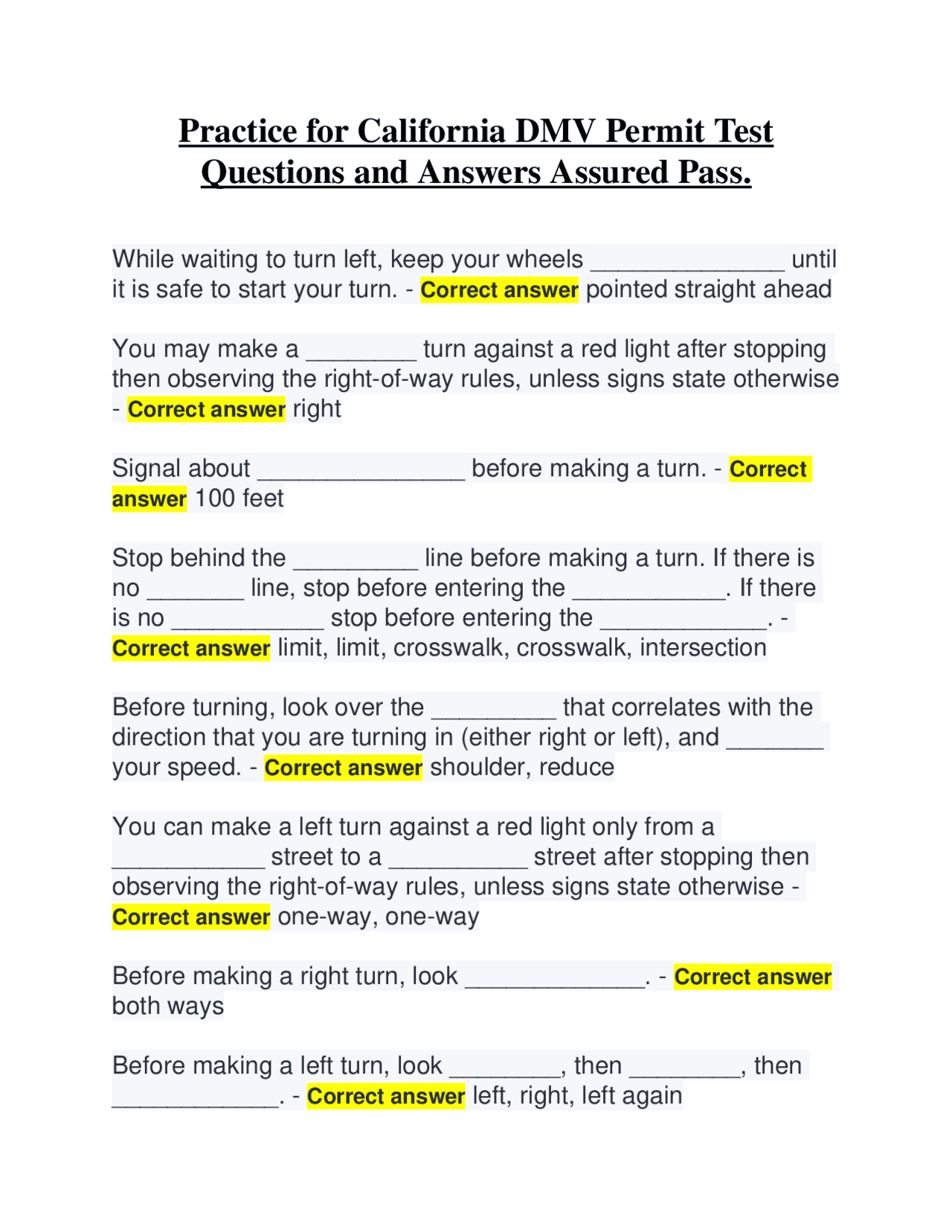 California DMV Permit Test Practice Questions and Answers | Exams Civil ...