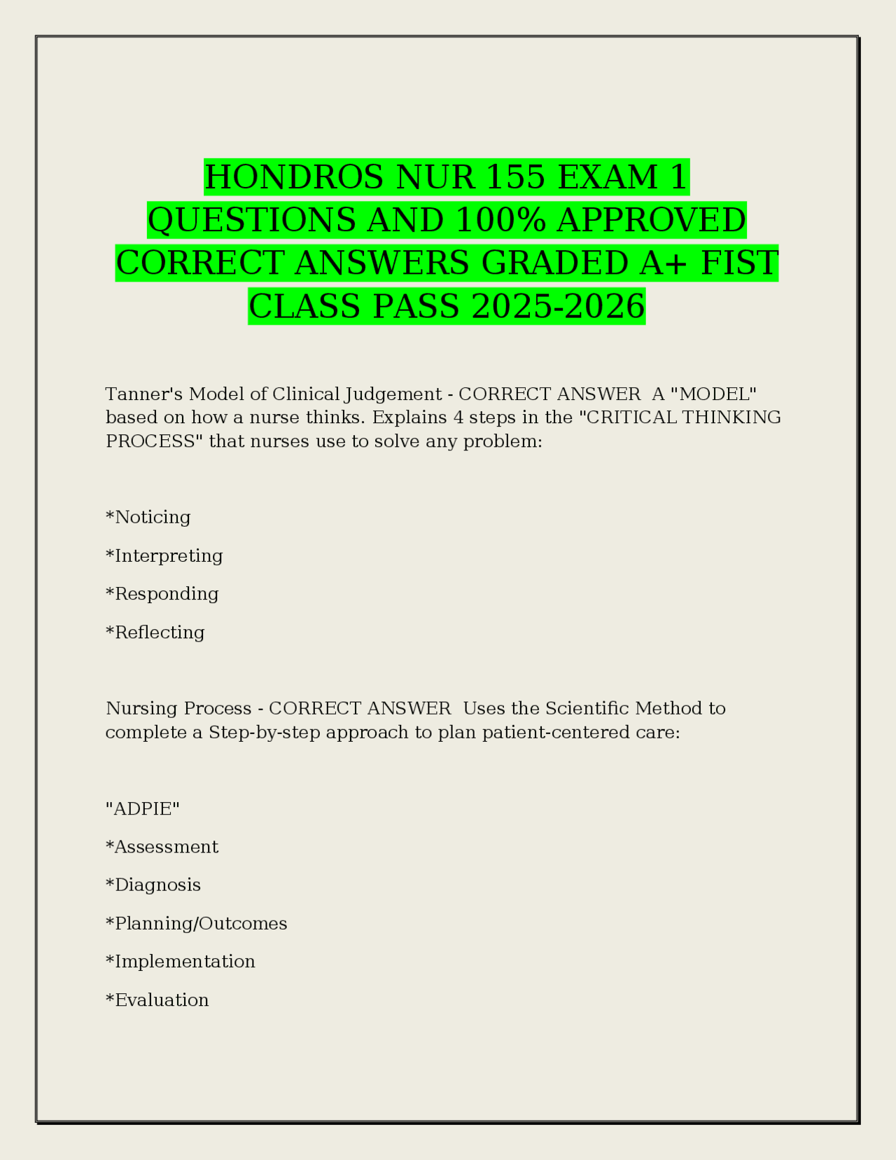 HONDROS NUR 155 EXAM 1 QUESTIONS AND 100% APPROVED CORRECT ANSWERS ...