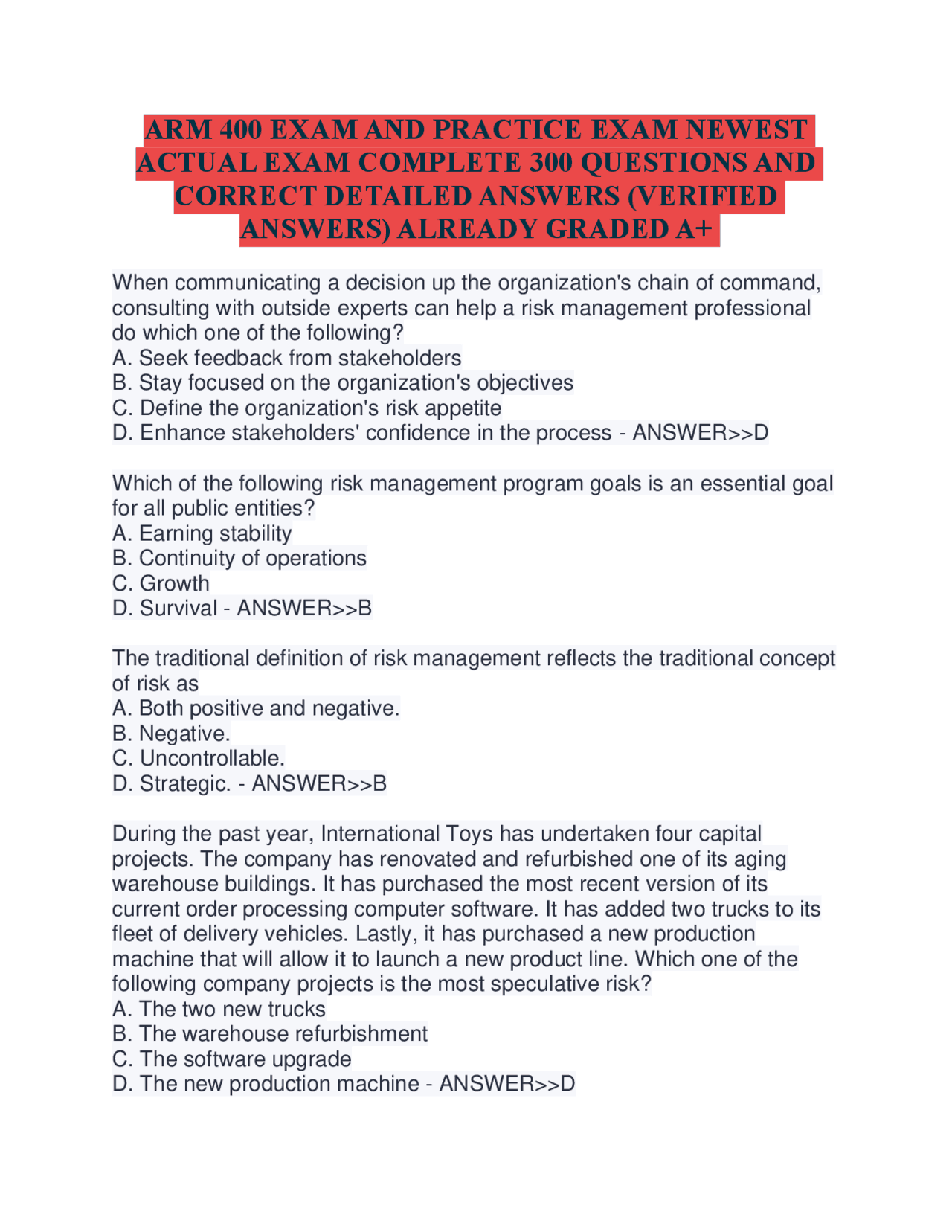 ARM 400 EXAM AND PRACTICE EXAM NEWEST ACTUAL EXAM COMPLETE 300 ...