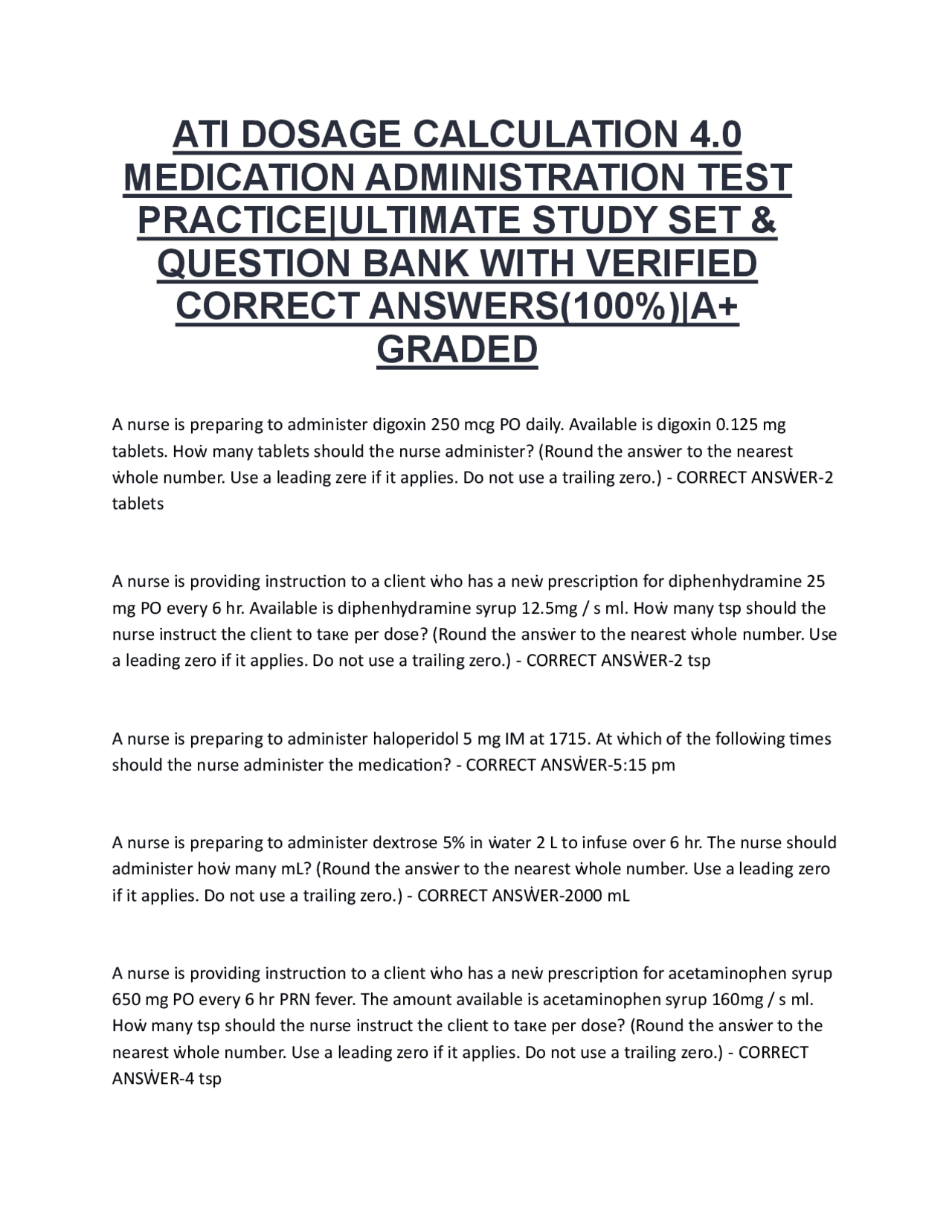 Dosage Calculation Practice Questions for Nurses | Exams Nursing | Docsity