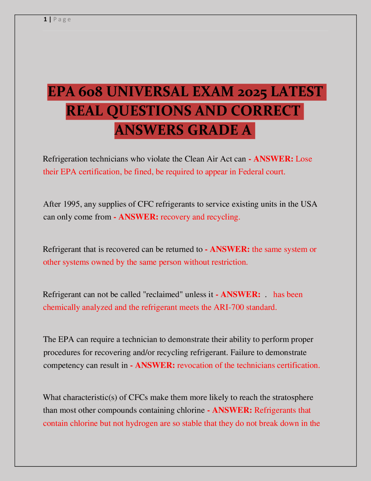 EPA 608 UNIVERSAL EXAM 2025 LATEST REAL QUESTIONS AND CORRECT ANSWERS ...