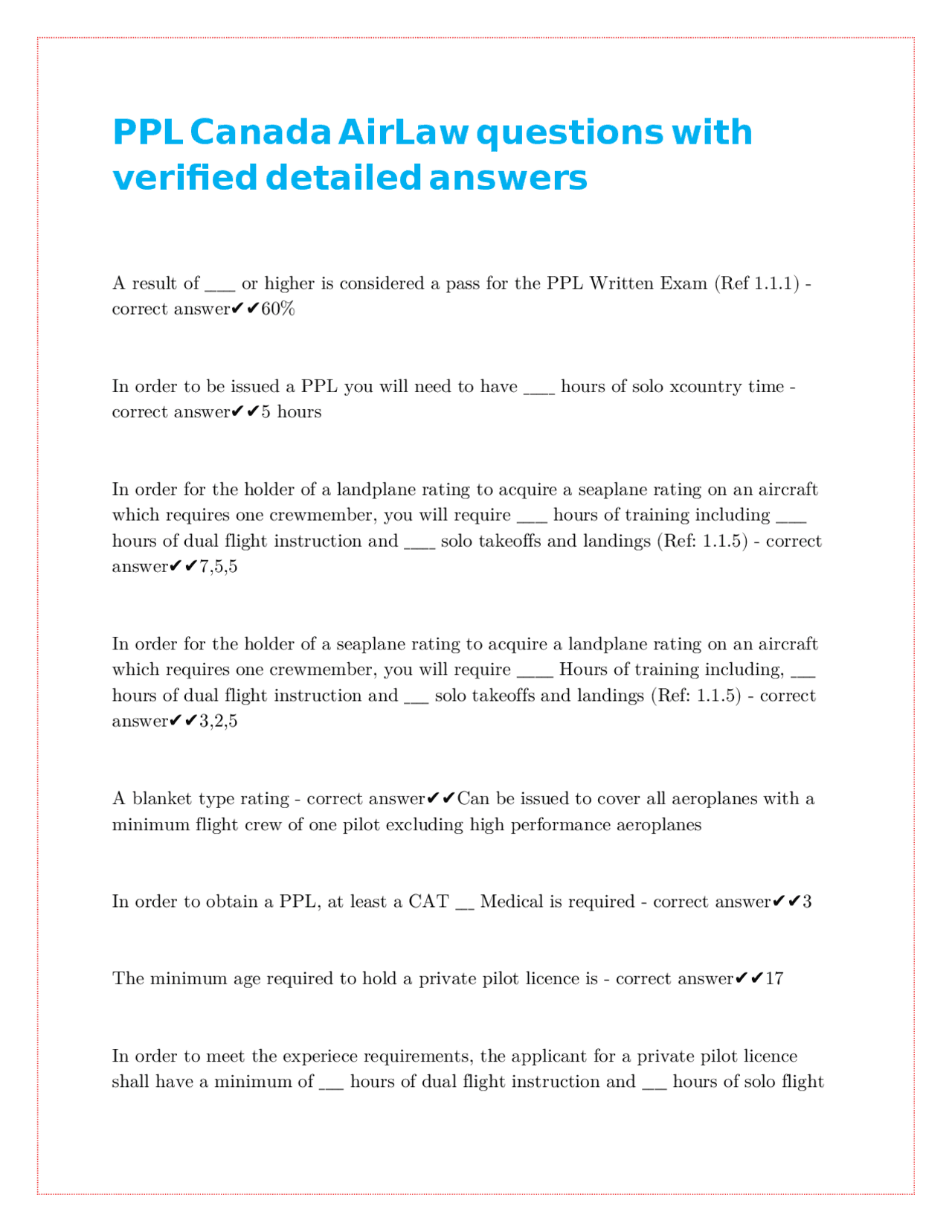PPL Air Law Exam Questions with Verified Answers | Exams Transportation ...