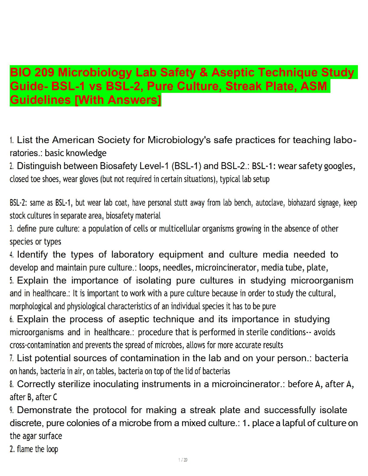 BIO 209 Microbiology Lab Safety & Aseptic Technique Study Guide- BSL-1 ...