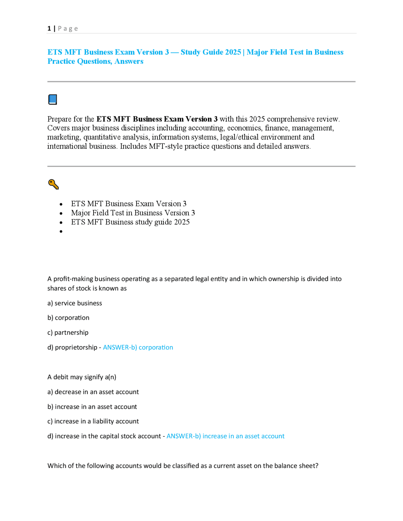 Ets Study Guide ETS MFT Business Exam Version 3 — Study Guide 2025 | Major Field Test ...