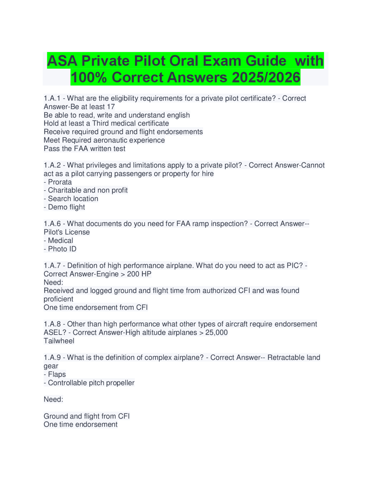 ASA Private Pilot Oral Exam Guide with 100% Correct Answers 2025/2026 ...