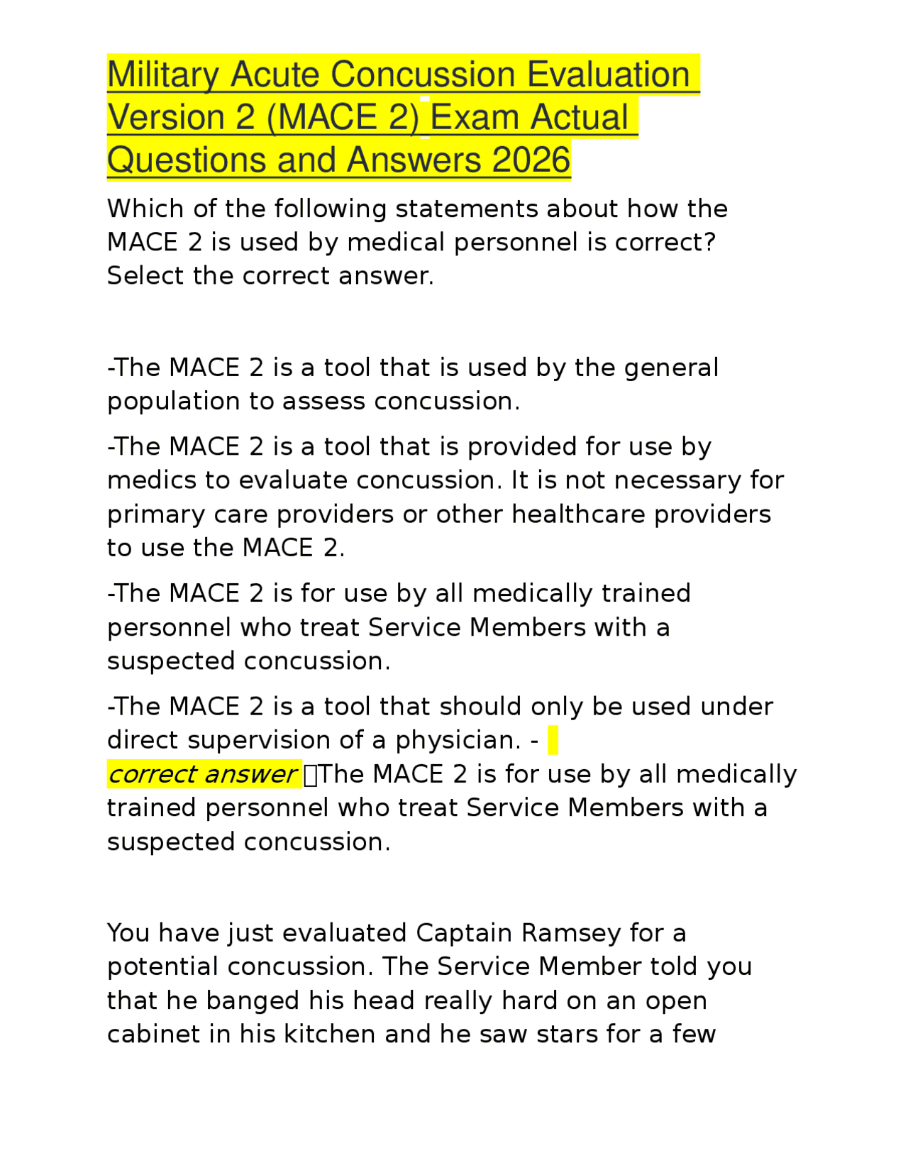 Mace Form Example MACE 2 Exam Questions and Answers: Military Acute Concussion Evaluation ...
