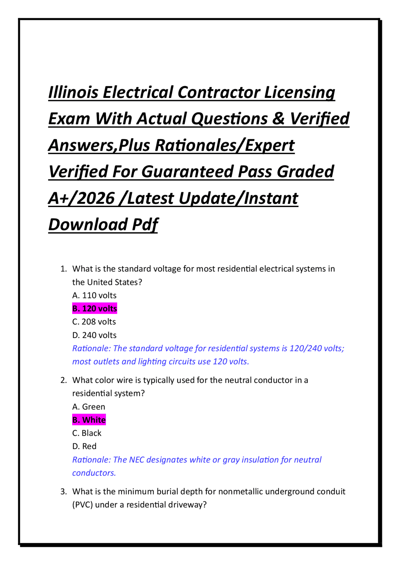Illinois Electrical Contractor Licensing Exam Questions and Answers 2026 | Exams Electrical and ...