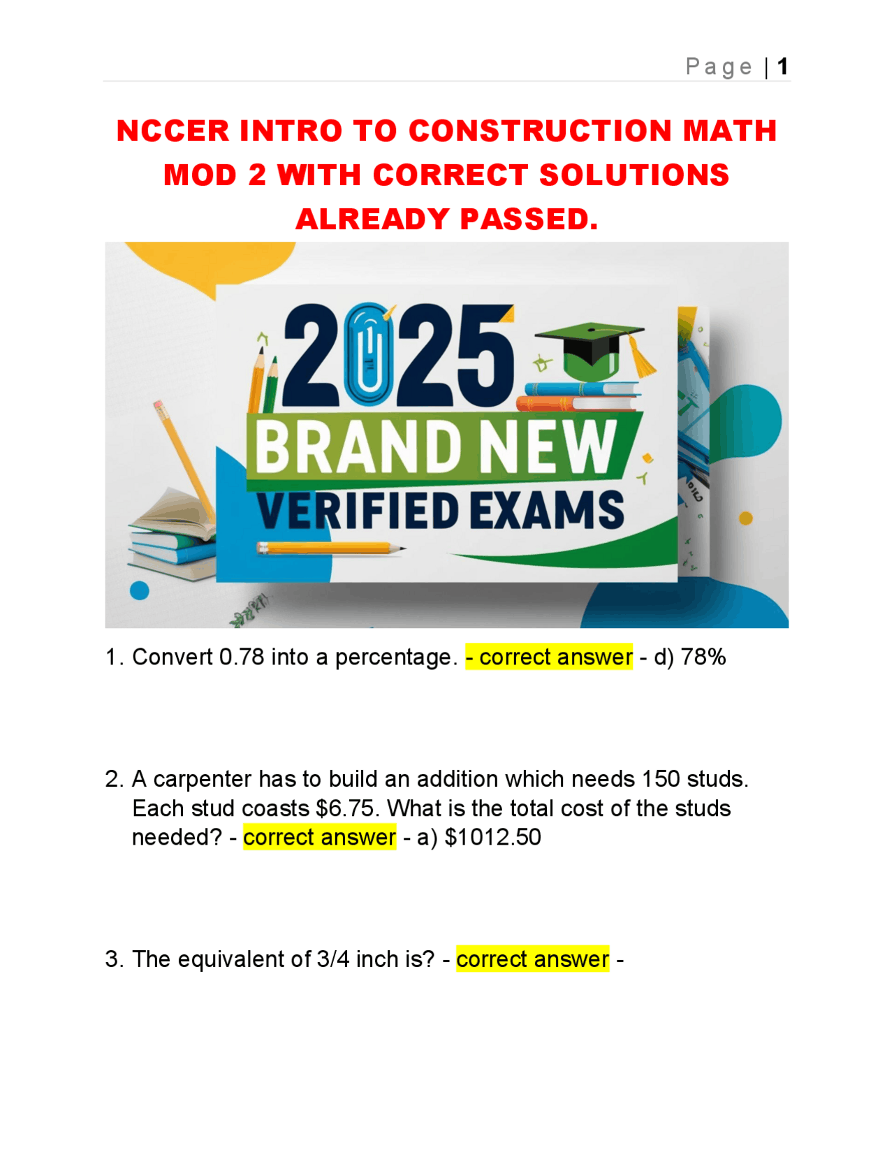 Fdot Construction Math Answer Key NCCER Intro to Construction Math: Module 2 with Solutions | Exams ...