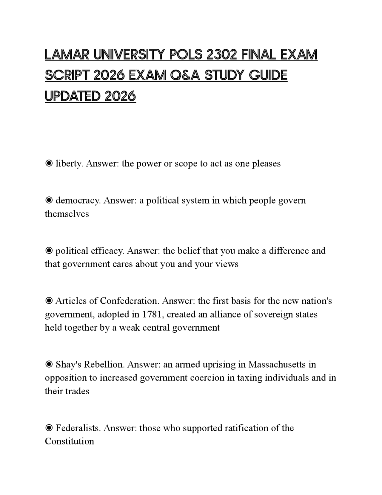 LAMAR UNIVERSITY POLS 2302 FINAL EXAM SCRIPT 2026 EXAM Q&A STUDY GUIDE ...