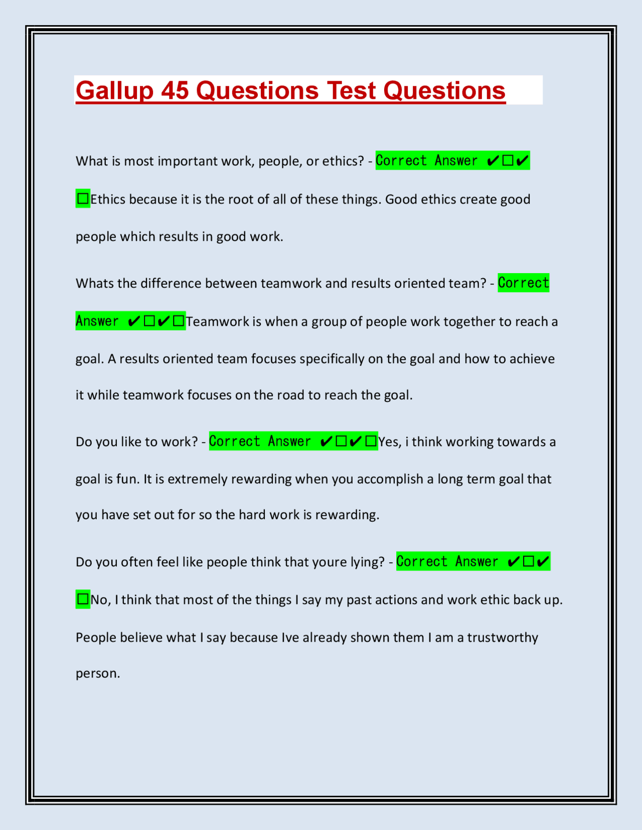 Gallup 45 Questions Test with Correct Answers | Exams Business ...
