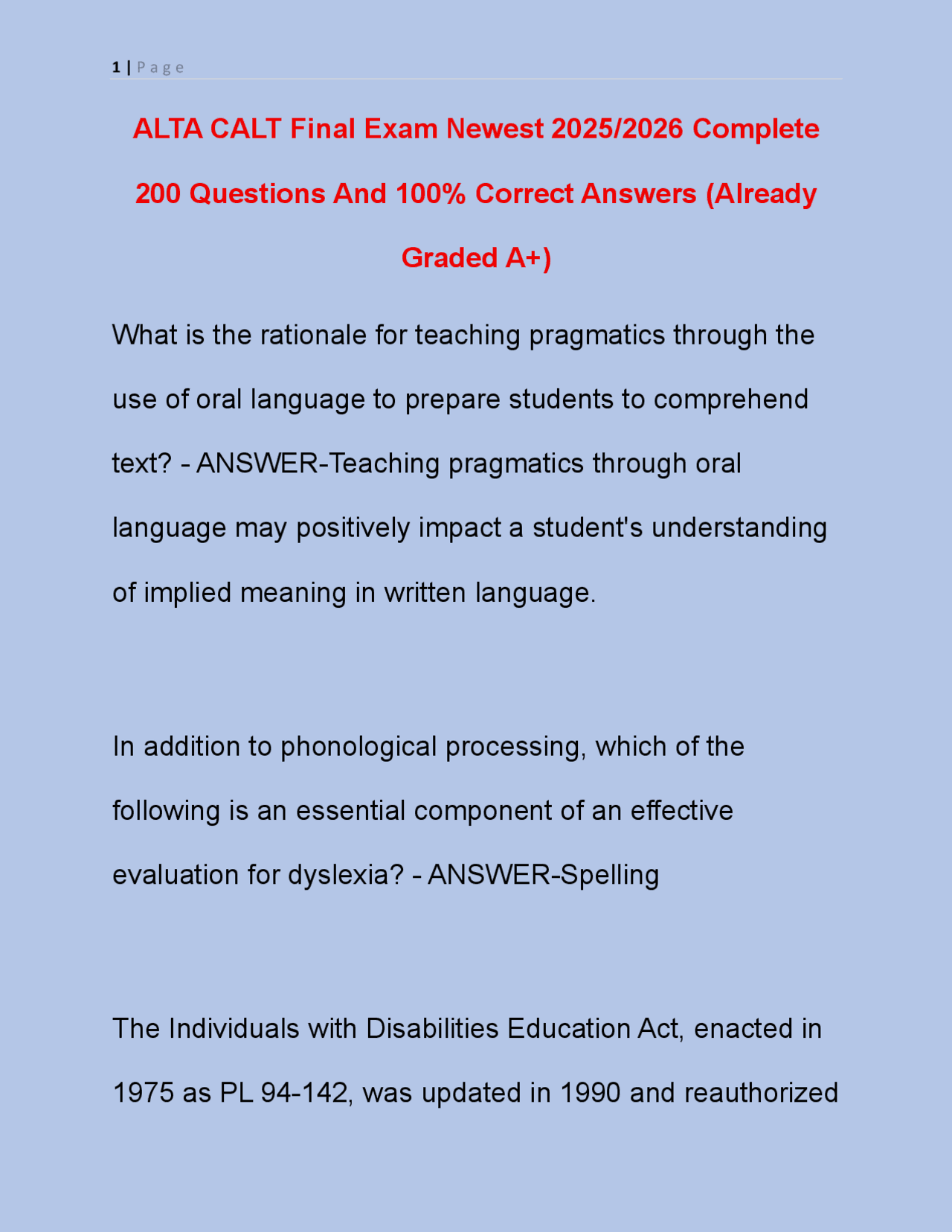 ALTA CALT Final Exam 2025/2026: 200 Questions and Answers | Exams ...