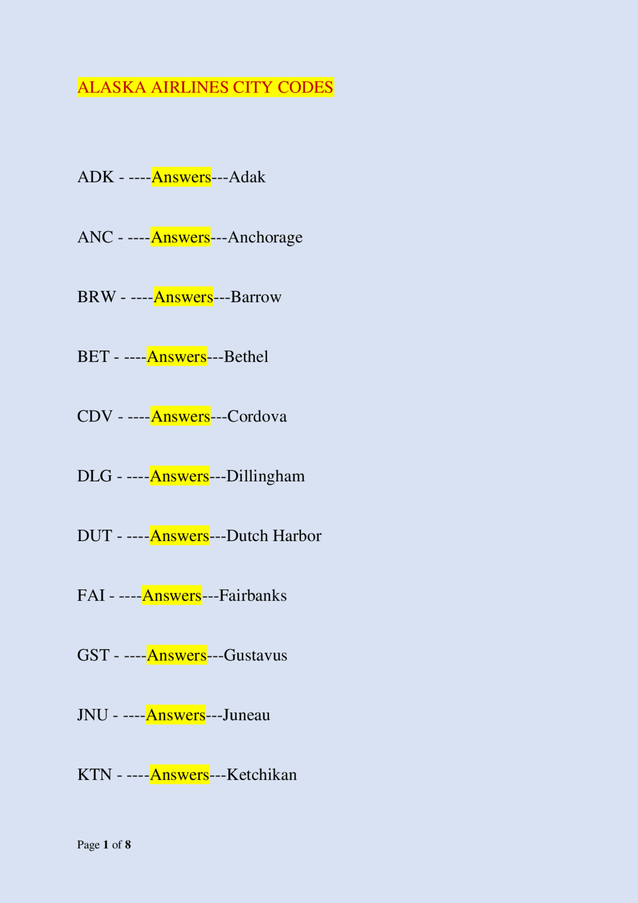 Alaska Airlines City Codes | Exams Aviation | Docsity