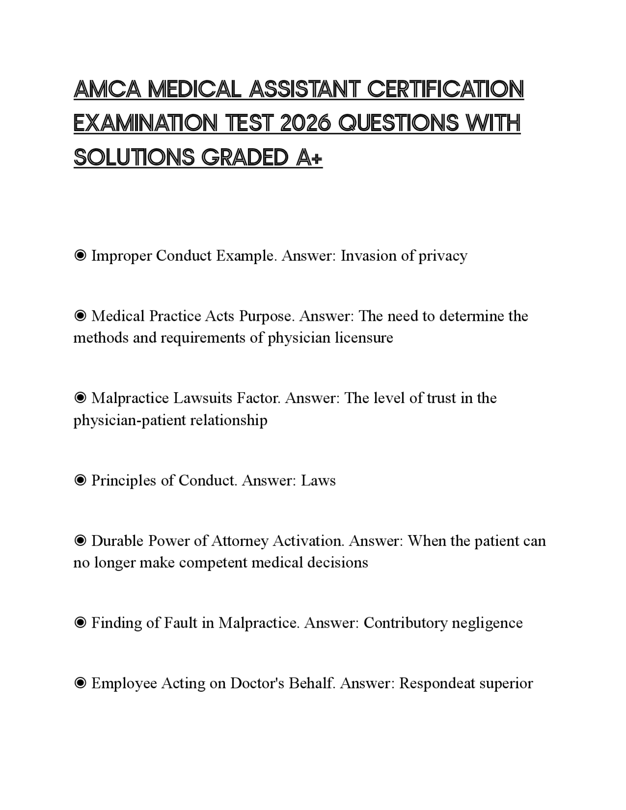 AMCA MEDICAL ASSISTANT CERTIFICATION EXAMINATION TEST 2026 QUESTIONS WITH SOLUTIONS GRADED ...