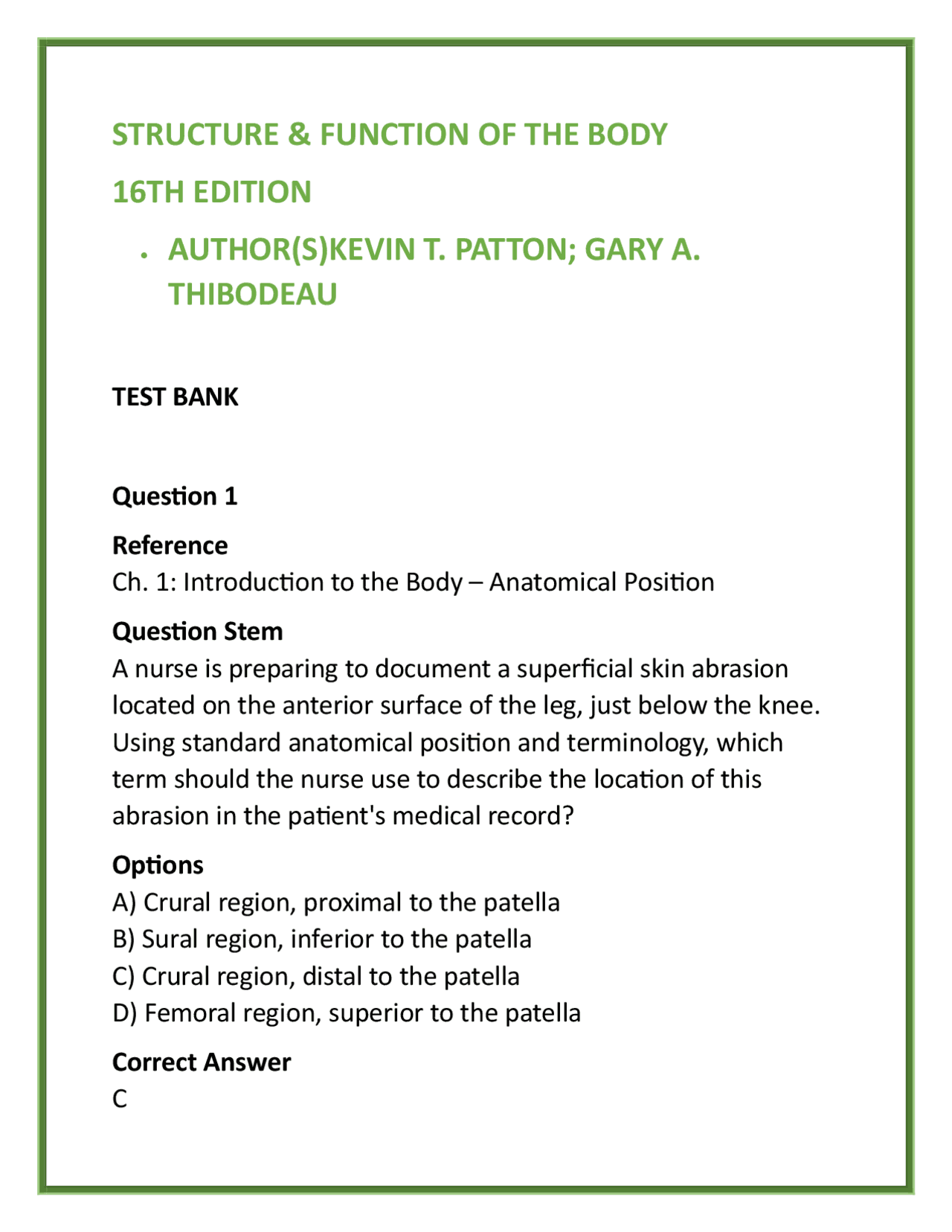 Anatomy and Physiology Test Bank: Chapter 1 Questions | Exams Nursing ...