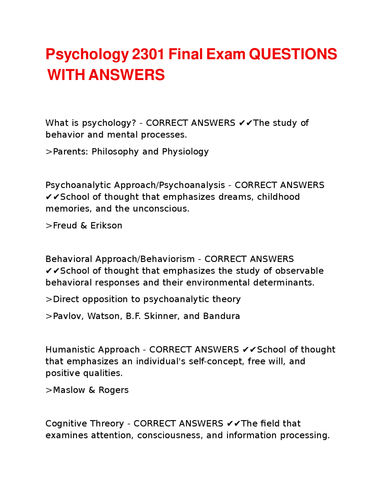 Psychology 2301 Final Exam QUESTIONS WITH ANSWERS | Exams Psychology ...