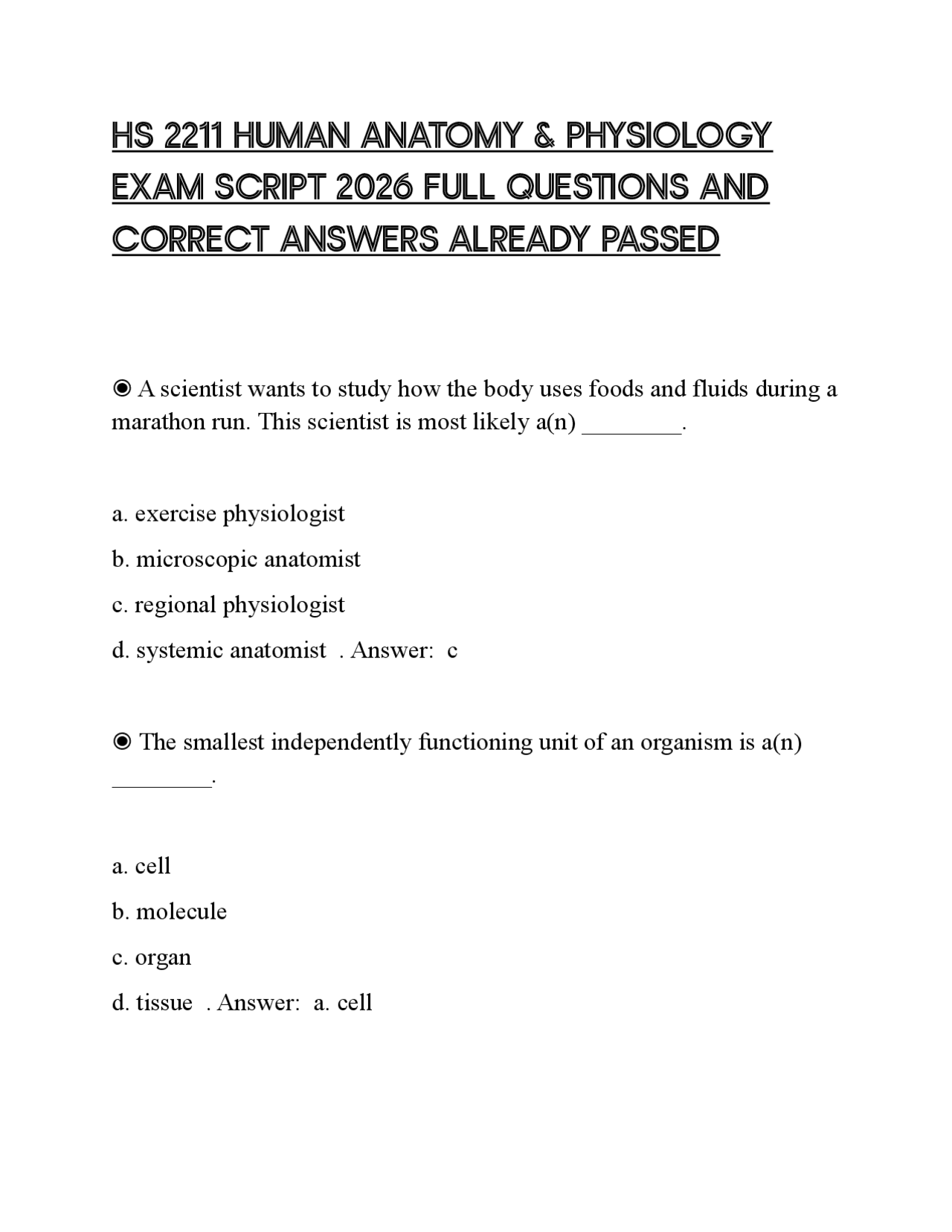 HS 2211 HUMAN ANATOMY & PHYSIOLOGY EXAM SCRIPT 2026 FULL QUESTIONS AND ...