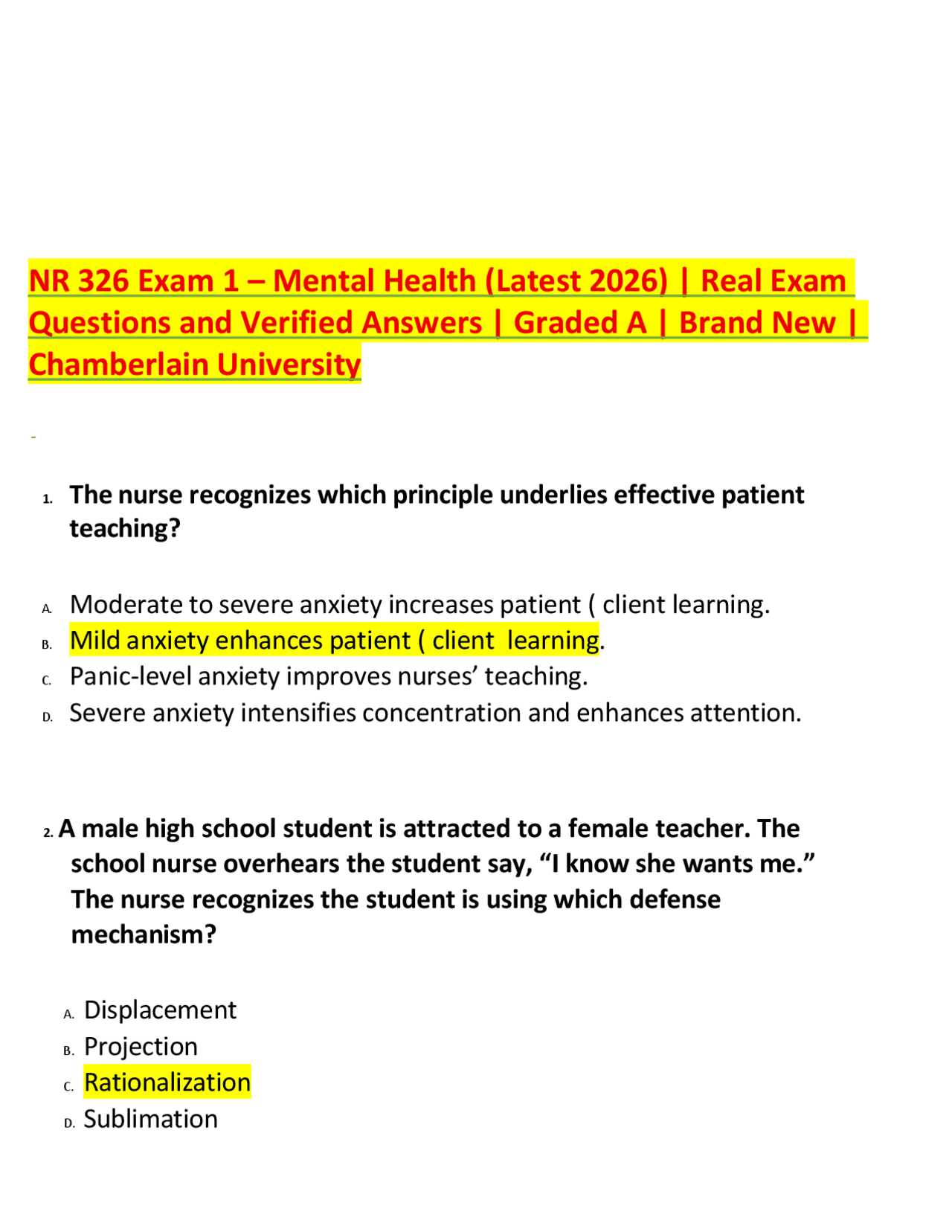 NR 326 Exam 1 – Mental Health (Latest 2026) | Real Exam Questions and ...