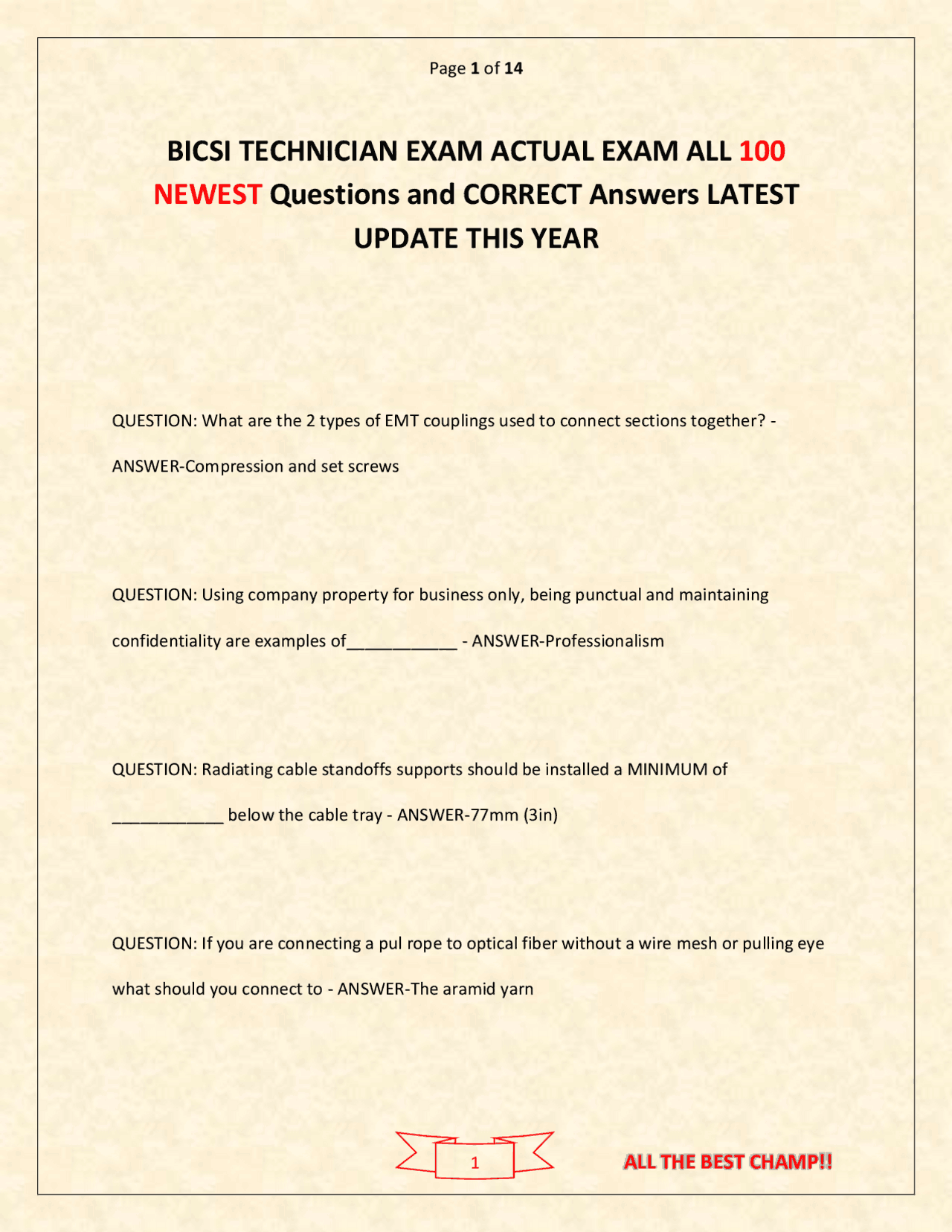 BICSI Technician Exam – Actual Exam with 100 Newest Questions and ...