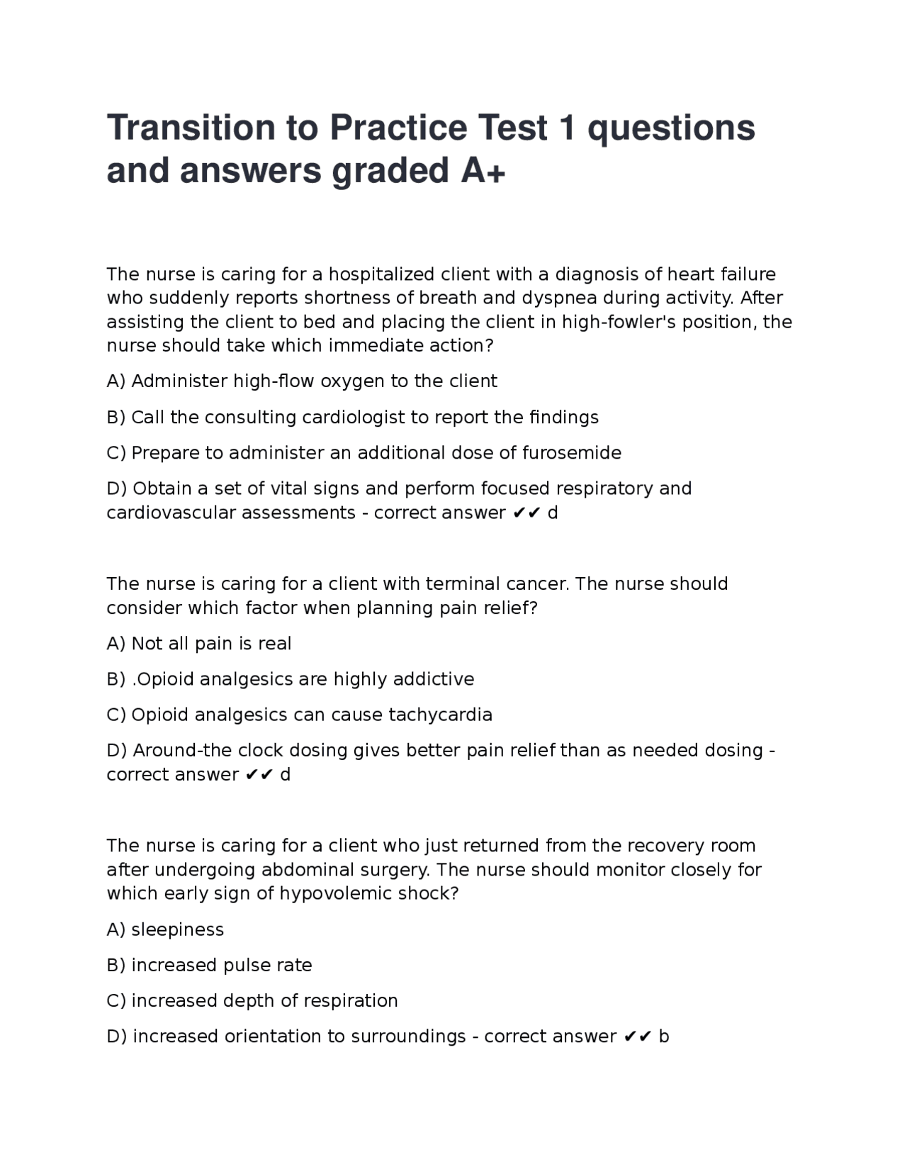 Nursing Practice Questions and Answers: Transition to Practice Test 1 ...