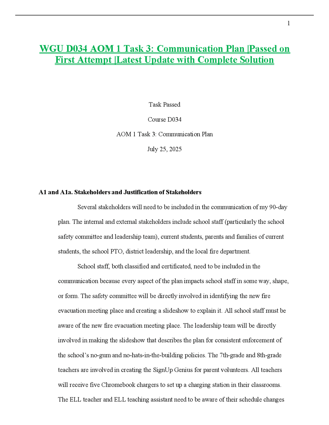 WGU D034 AOM 1 Task 3: Communication Plan |Passed on First Attempt ...