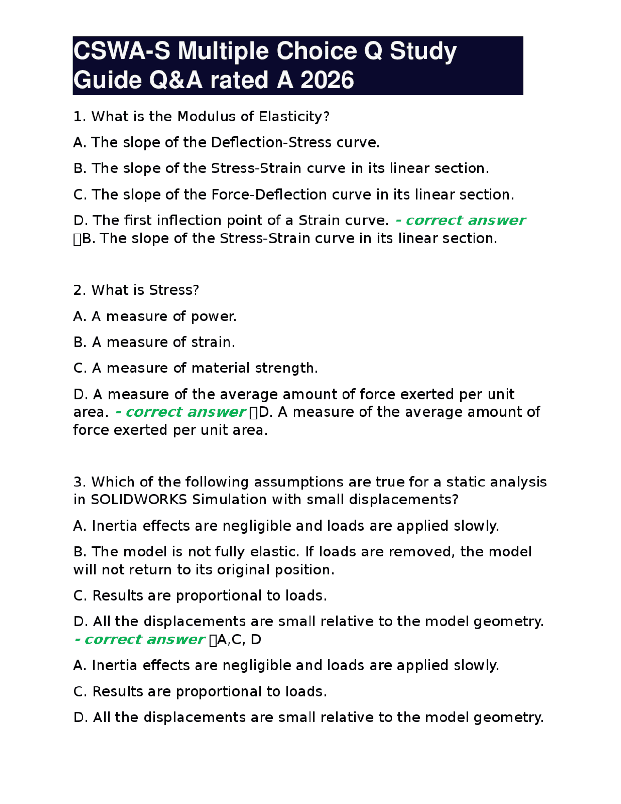 Simulation Solidworks Question SOLIDWORKS Simulation Multiple Choice Questions and Answers Study Guide ...